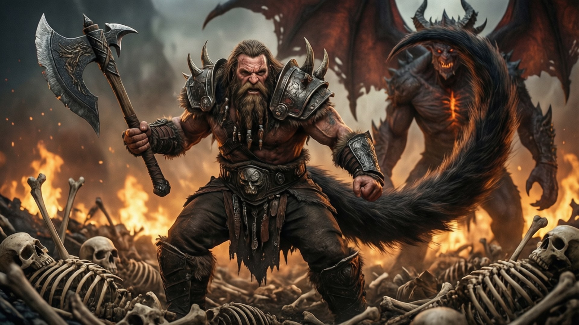 Barbarian vs Diablo 壁紙 — 一個留鬍子的戰士穿著尖刺盔甲，在骷髏場中揮舞戰斧，身後有一個惡魔生物若隱若現。