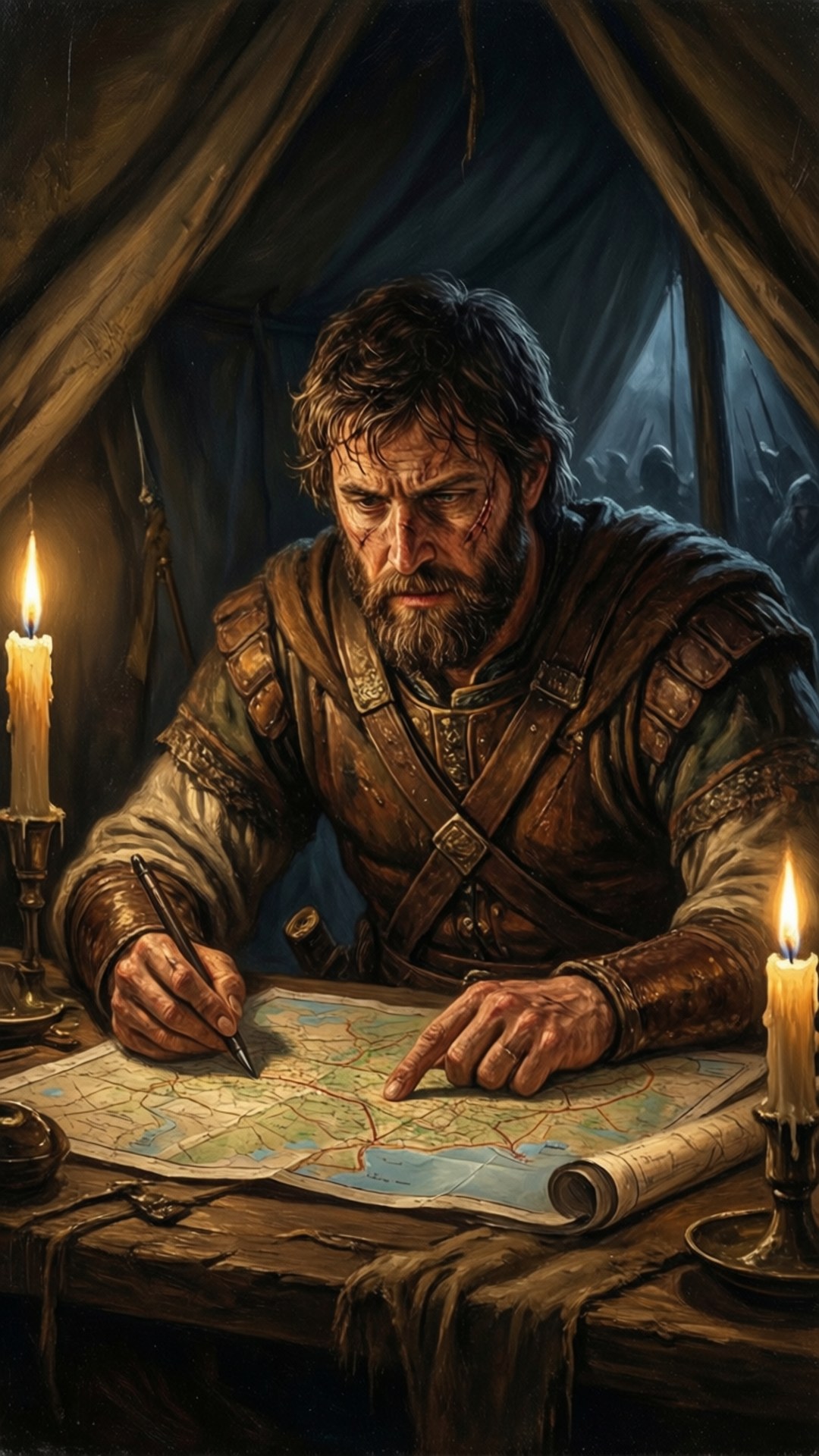 Belisarius 桌布 壁紙 — 一位鬍鬚戰士身穿盔甲，在昏暗的帳篷內藉燭光研究地圖。