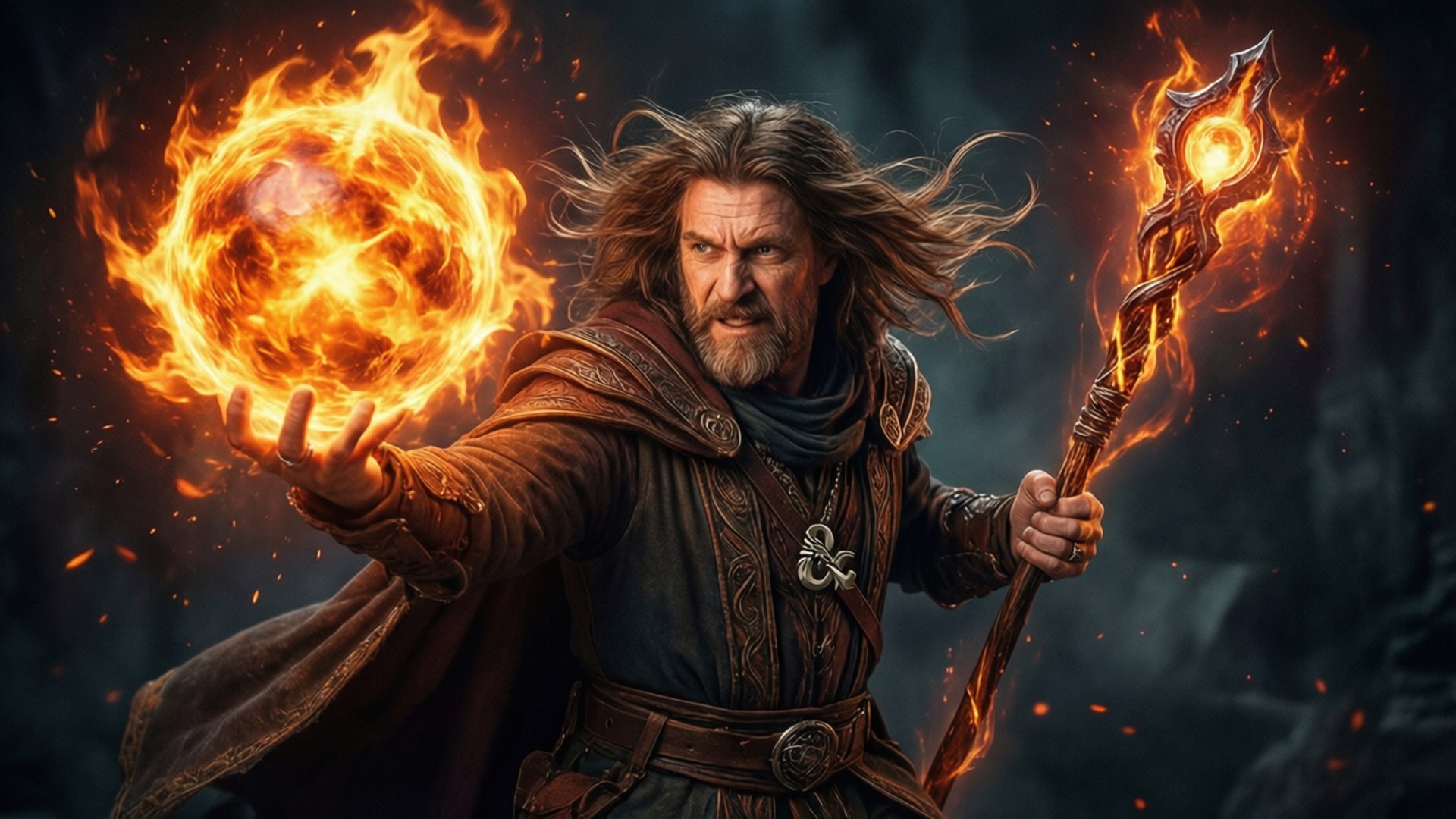 Wizard Casting Fireball 壁紙 — 一位鬍鬚巫師身穿暗色長袍，在煙霧繚繞的背景中緊握燃燒的法杖，引導著熾熱的火球。