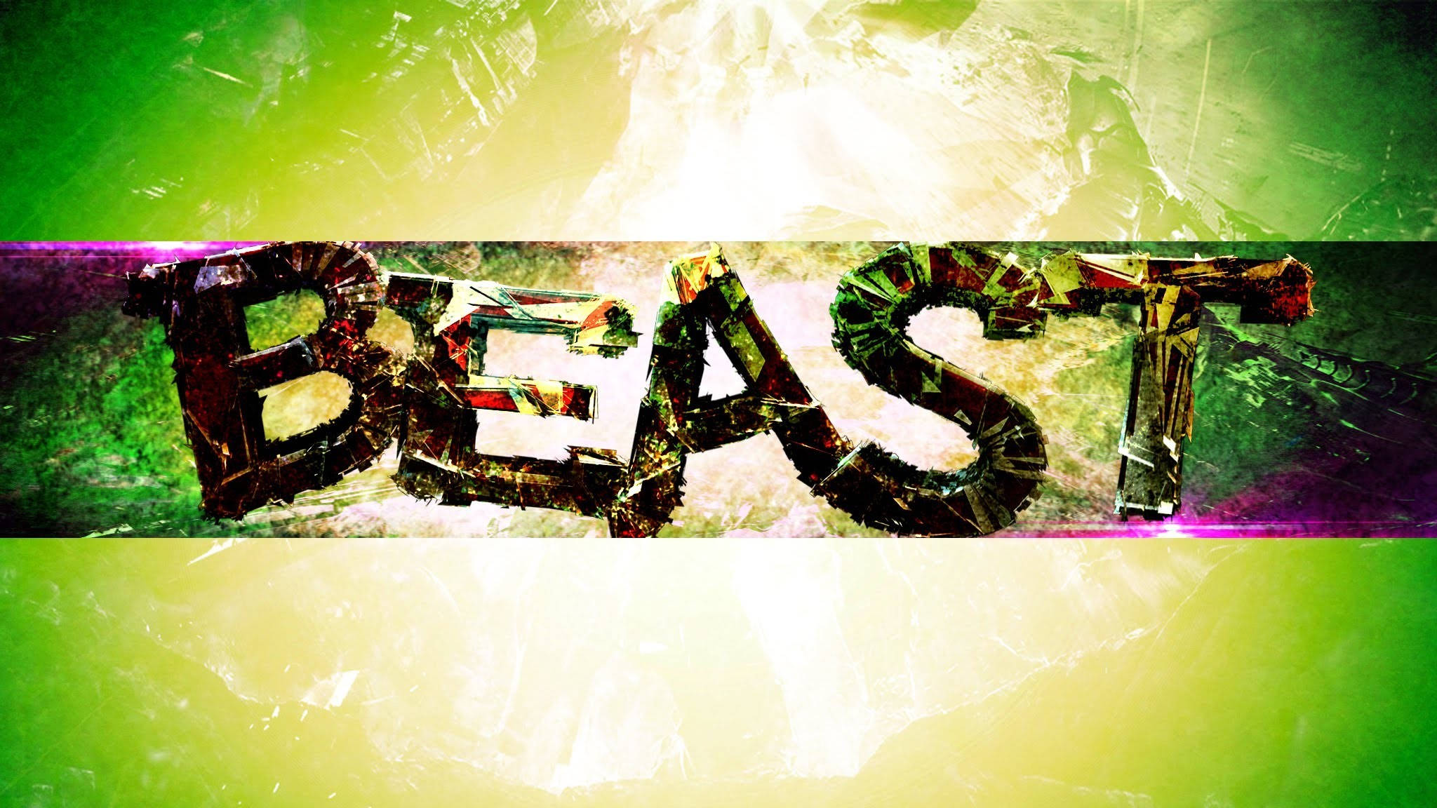 YouTube Banner 桌布 壁紙 — 「BEAST」一詞以破碎玻璃字母呈現，在帶有紫色點綴的鮮豔綠色和黃色抽象背景上發光。