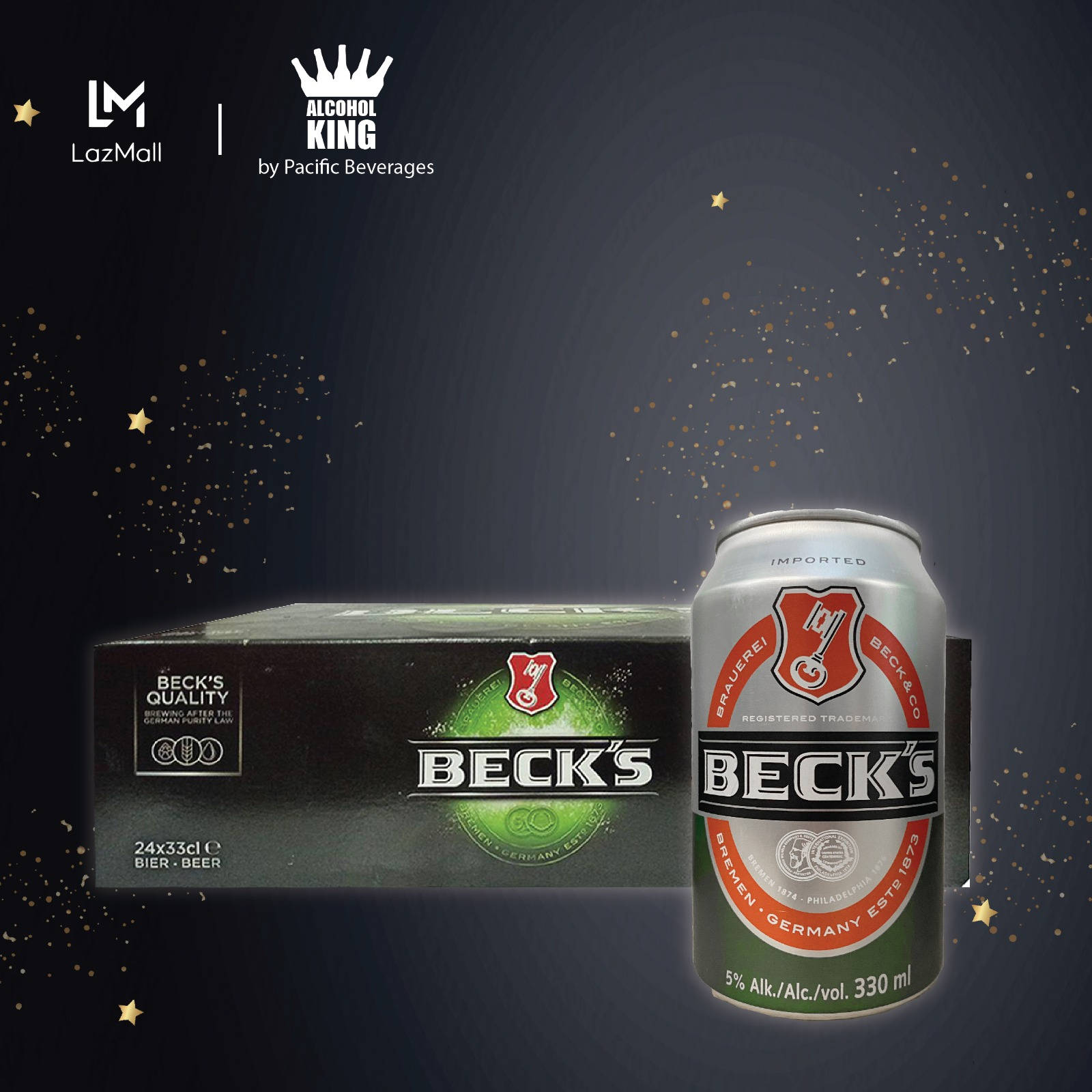 Beer 桌布 壁紙 — Beck's 啤酒罐和盒子在點綴著金色星星和亮粉的黑暗背景下發光。