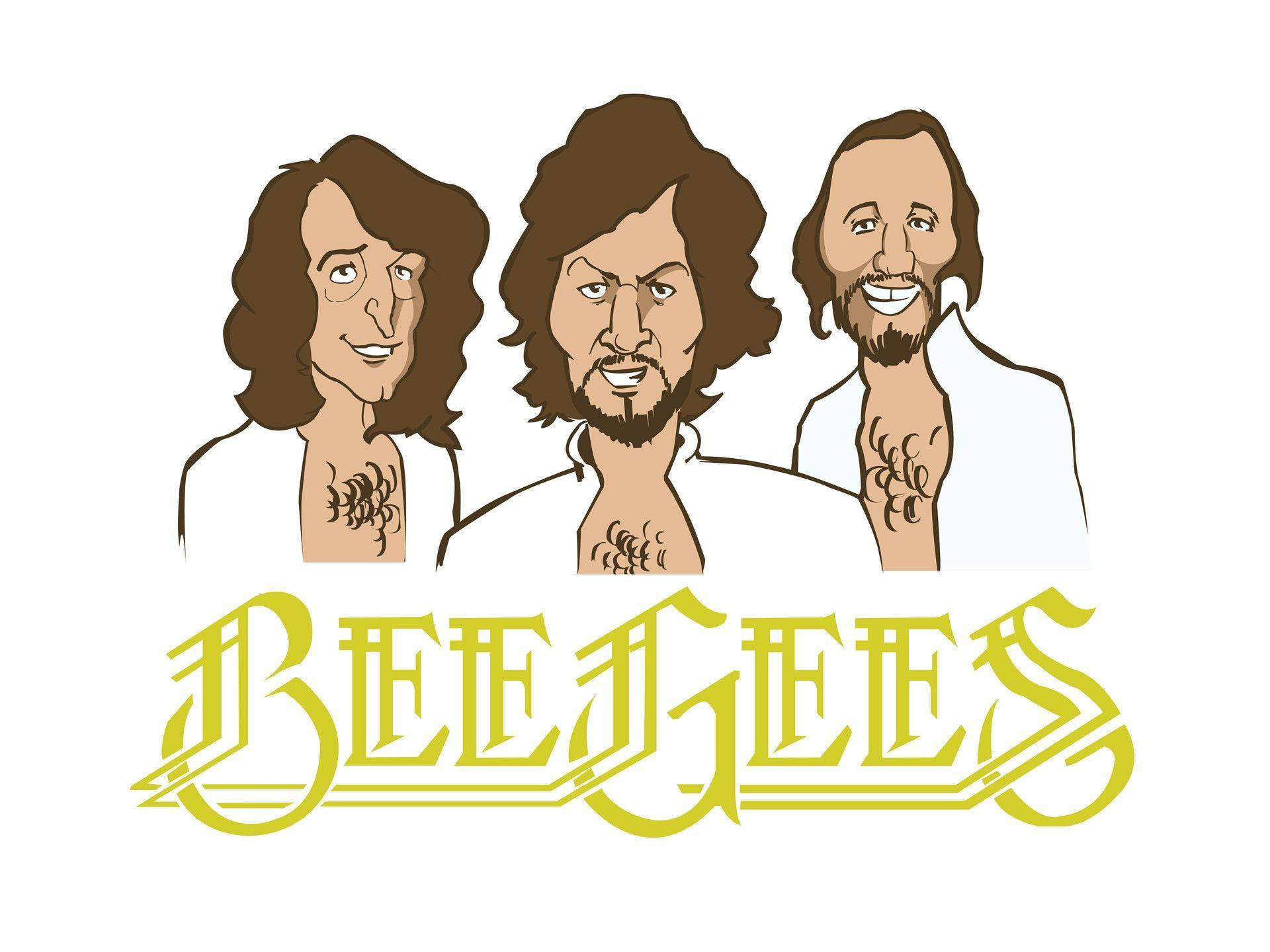 矢量藝術 桌布 壁紙 — Bee Gees 三人組的插圖，有捲髮和刺青，下方是風格化的黃色標誌。
