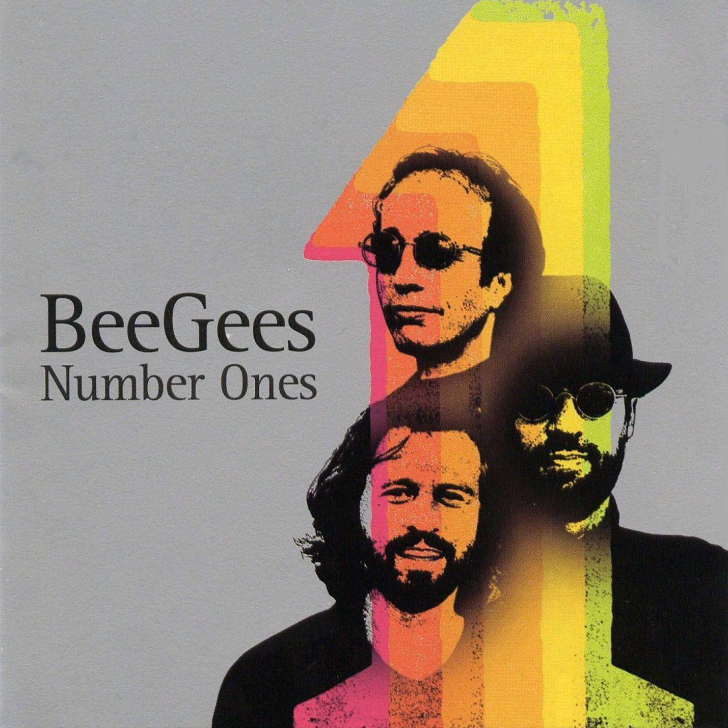 好萊塢 桌布 壁紙 — Bee Gees 的充滿活力的普普藝術肖像，帶有彩虹漸變覆蓋層和灰色背景上的粗體文字。