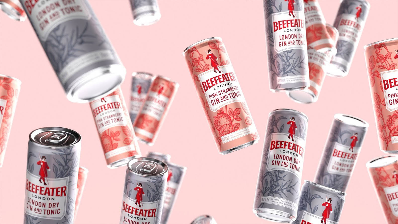 粉紅色 桌布 壁紙 — Beefeater琴酒和通寧水的節日罐在柔和的粉紅色背景上動態漂浮。