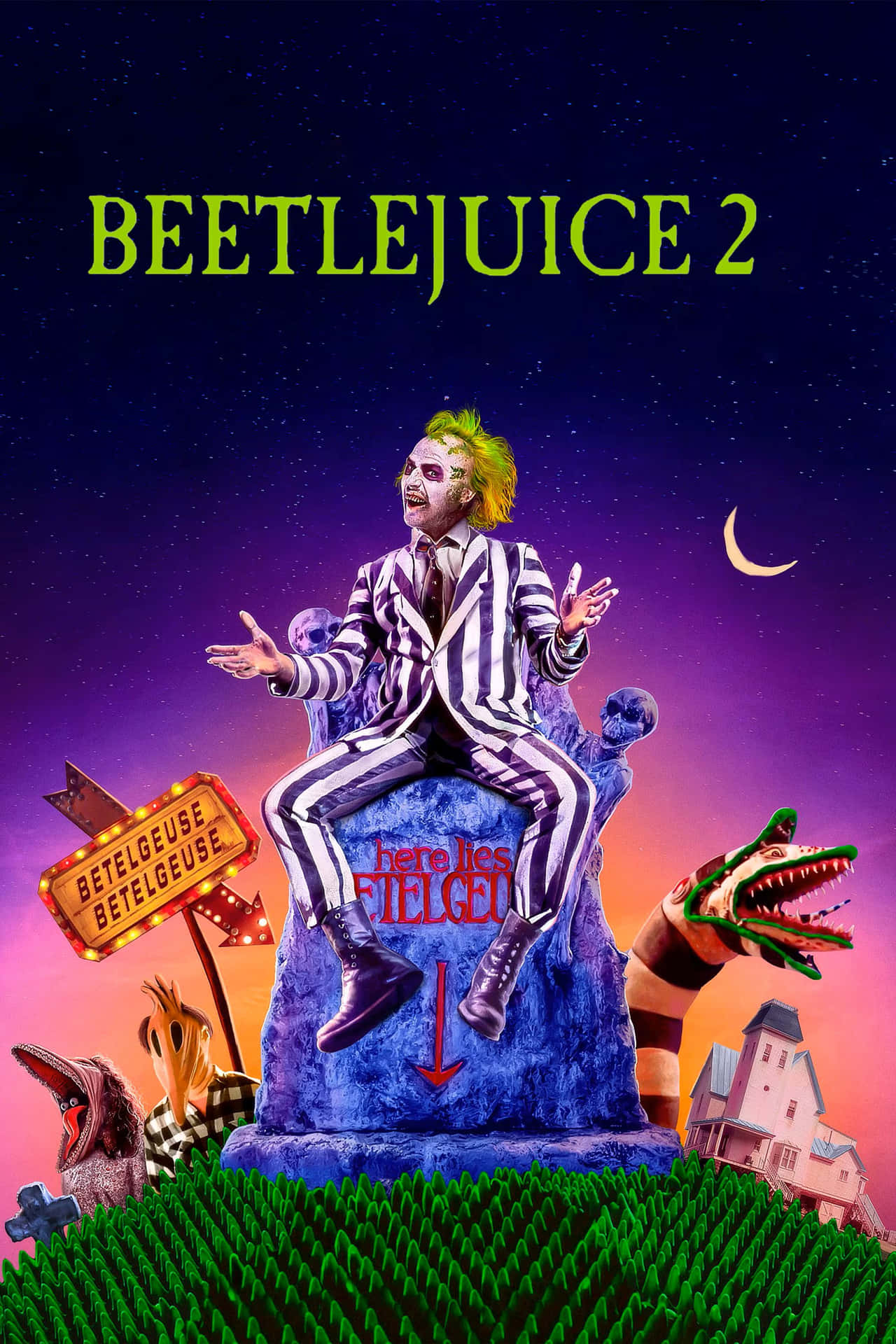  壁紙 — Beetlejuice 棲息在一個超現實的墓園中的墓碑上，背景是帶有新月和星空的暮色天空。
