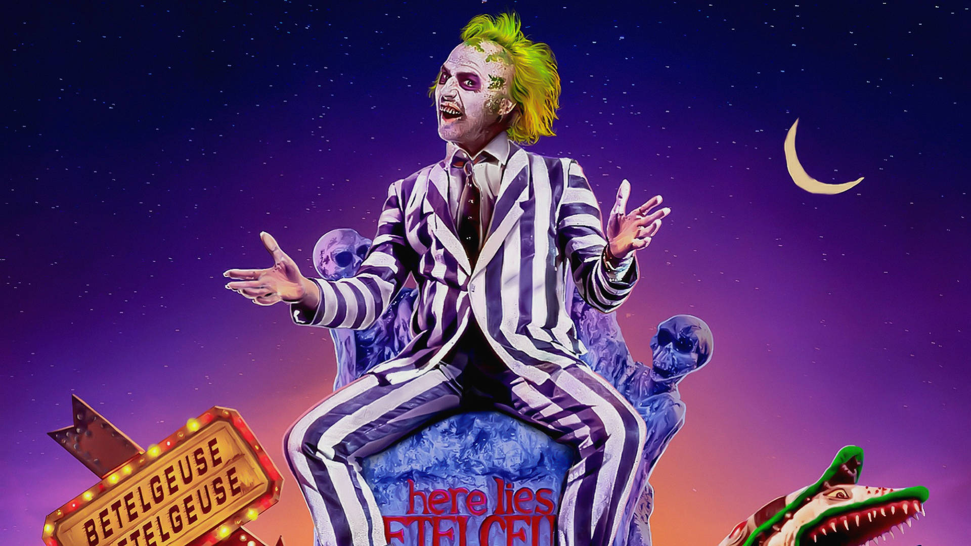 恐怖電影 桌布 壁紙 — Beetlejuice 勝利地坐在墓碑上，背景是繁星點點的紫色天空，有一彎新月和發光的招牌。