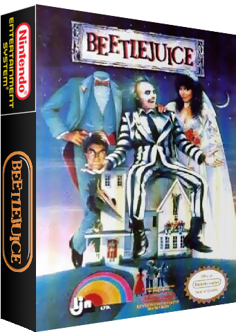 陰間大法師 桌布 壁紙 — Beetlejuice 和他的新娘坐在任天堂遊戲盒上的微型房屋頂上，下方有彩虹和鬼影。