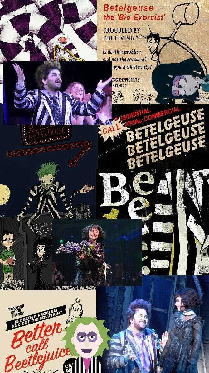 陰間大法師 桌布 壁紙 — Beetlejuice 宣傳海報和舞台照片的拼貼， featuring 標誌性的綠髮幽靈穿著條紋西裝。