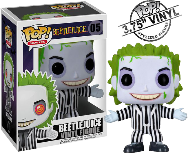 Beetlejuice 桌布 壁紙 — Beetlejuice 的 Funko Pop! 塑膠公仔，身穿其標誌性條紋西裝，綠色頭髮和一隻紅色眼睛，展示在其原裝包裝旁邊。