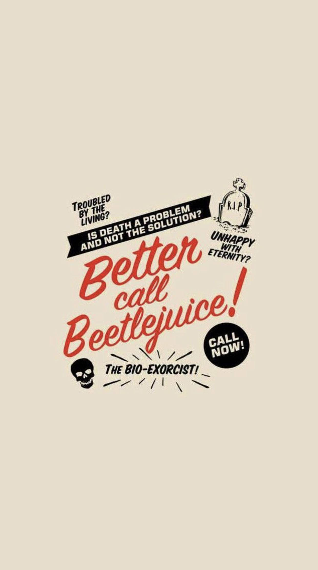 Beetlejuice 桌布 壁紙 — Beetlejuice 的復古恐怖主題廣告，米色背景上帶有粗體紅色字體和恐怖圖標。