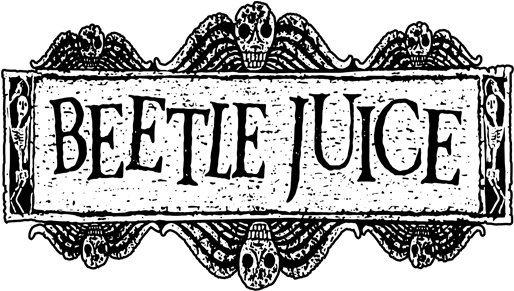 陰間大法師 桌布 壁紙 — Beetlejuice 的復古風格黑白標誌，帶有骷髏、翅膀和華麗邊框。