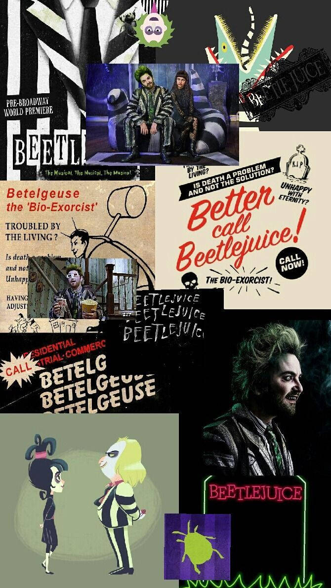 陰間大法師 桌布 壁紙 — Beetlejuice 電影海報和宣傳藝術的充滿活力的拼貼畫，展示了主角在混亂、恐怖和喜劇場景中。