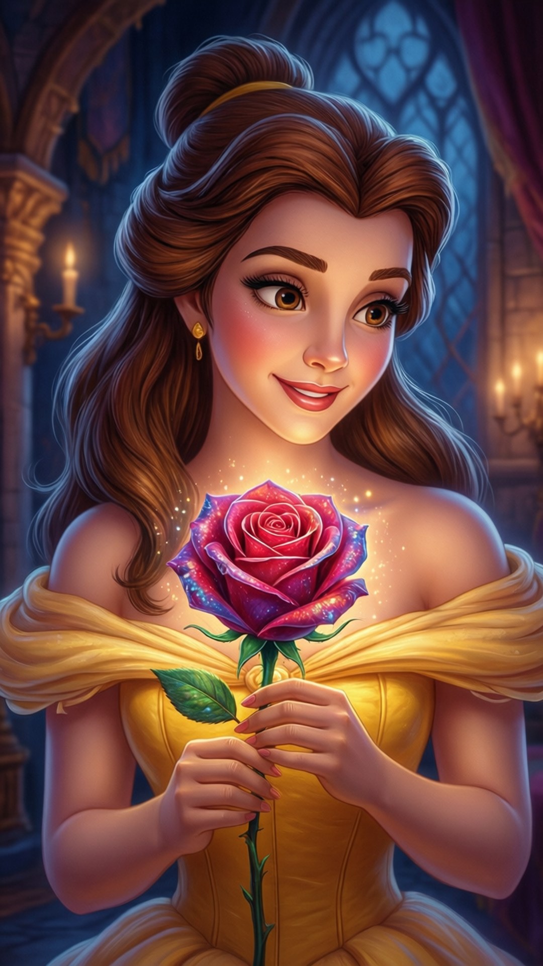 Belle Holding the Rose 壁紙 — 貝兒身穿黃色禮服，在燭光城堡大廳中手持發光的宇宙玫瑰。