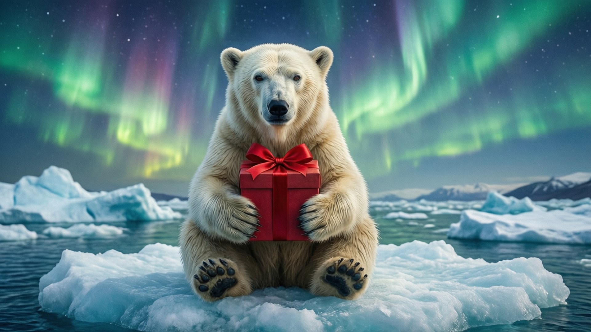 Polar Bear's Gift 壁紙 — 一隻北極熊坐在浮冰上，拿著一個紅色禮物盒，背景是充滿活力的綠色和紫色極光。