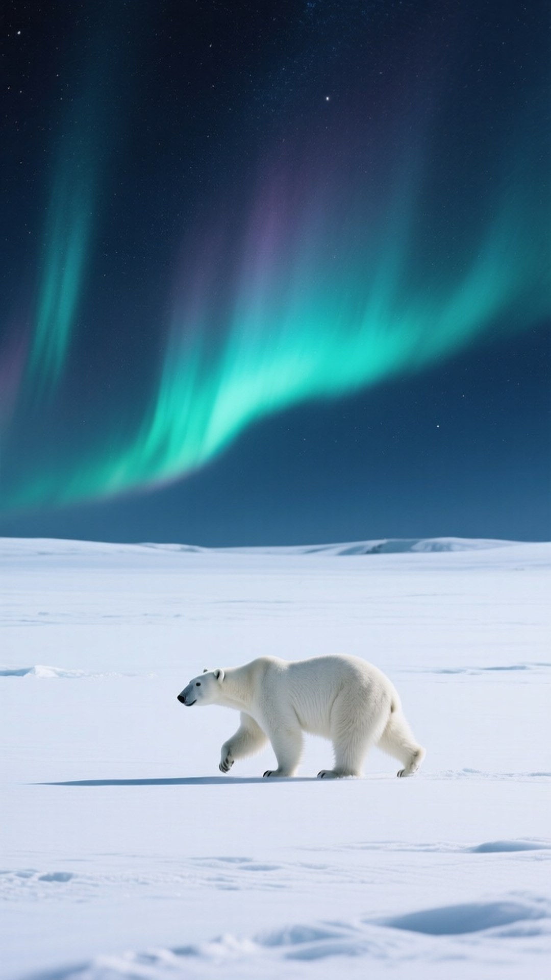 Polar Bear Under Stars 壁紙 — 一頭北極熊在白雪皚皚的北極平原上大步前行，頭頂上是充滿活力的綠色和紫色極光在繁星點點的夜空中舞動。