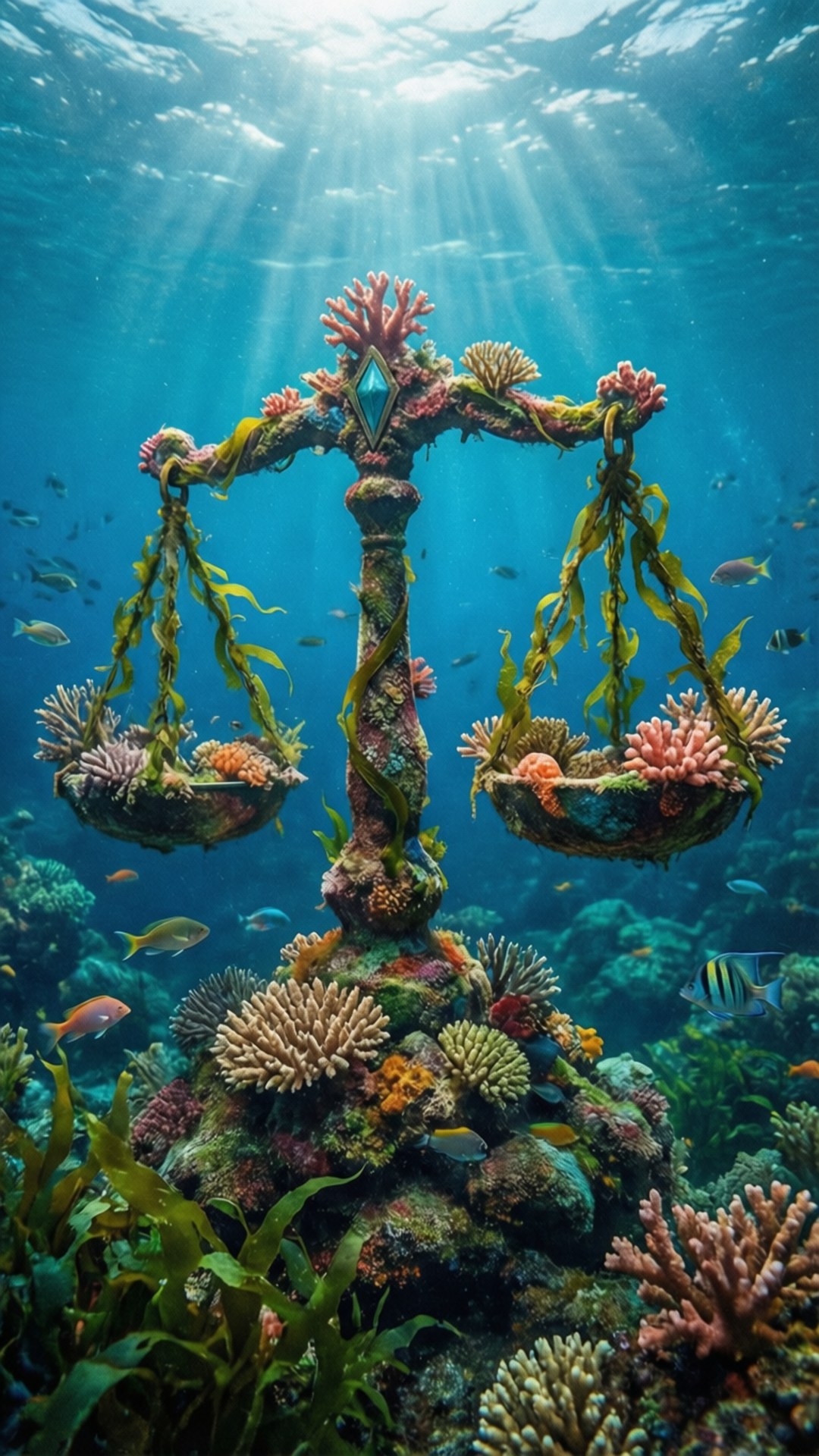 Underwater Libra Reef 壁紙 — 一個被珊瑚覆蓋的正義天平，浸沒在陽光照耀的海水中，魚兒在周圍游動。