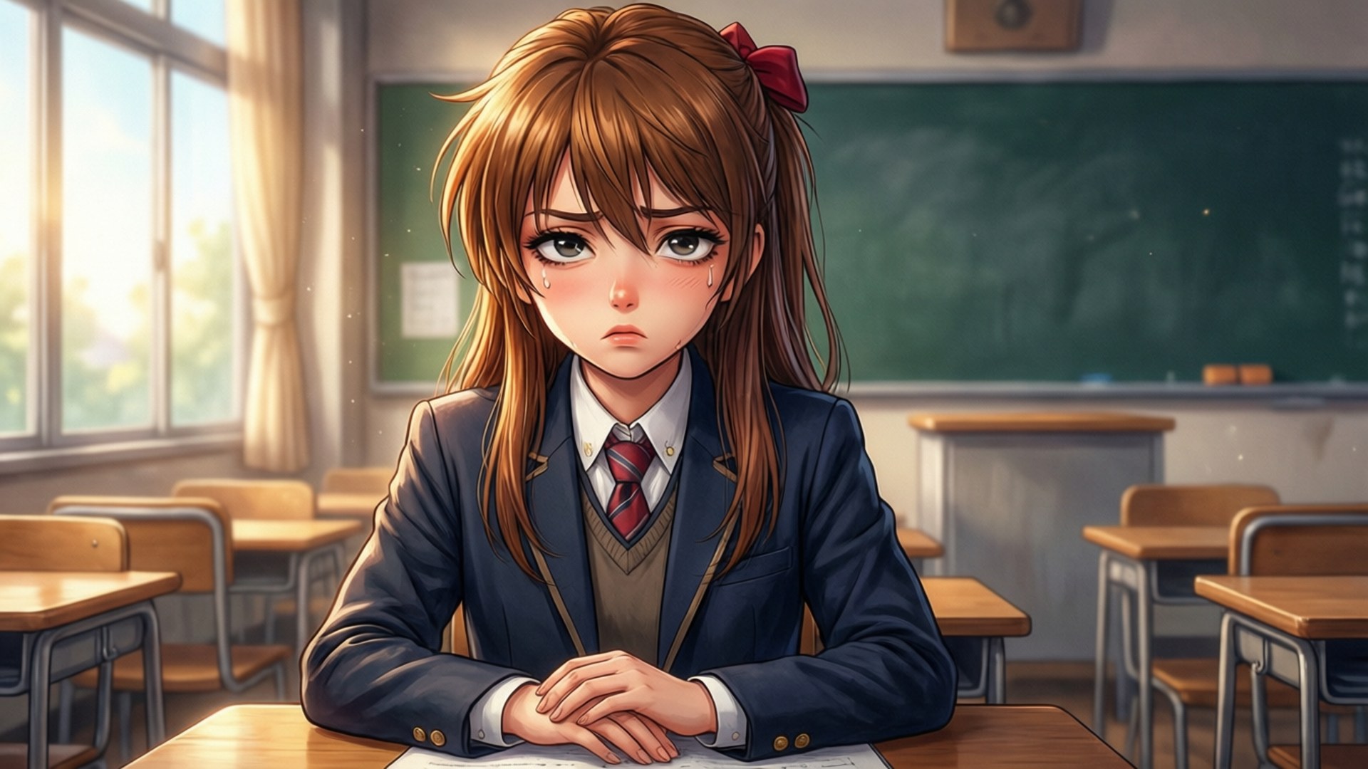 桌布 壁紙 — 一個悲傷的動漫女孩穿著校服，獨自坐在空教室的書桌前，陽光從窗戶照射進來。