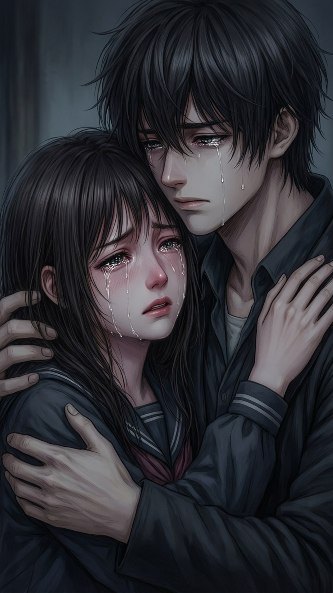 Comforting Embrace 壁紙 — 一對悲傷的動漫情侶在昏暗的場景中緊緊擁抱，淚水順著臉頰流下。