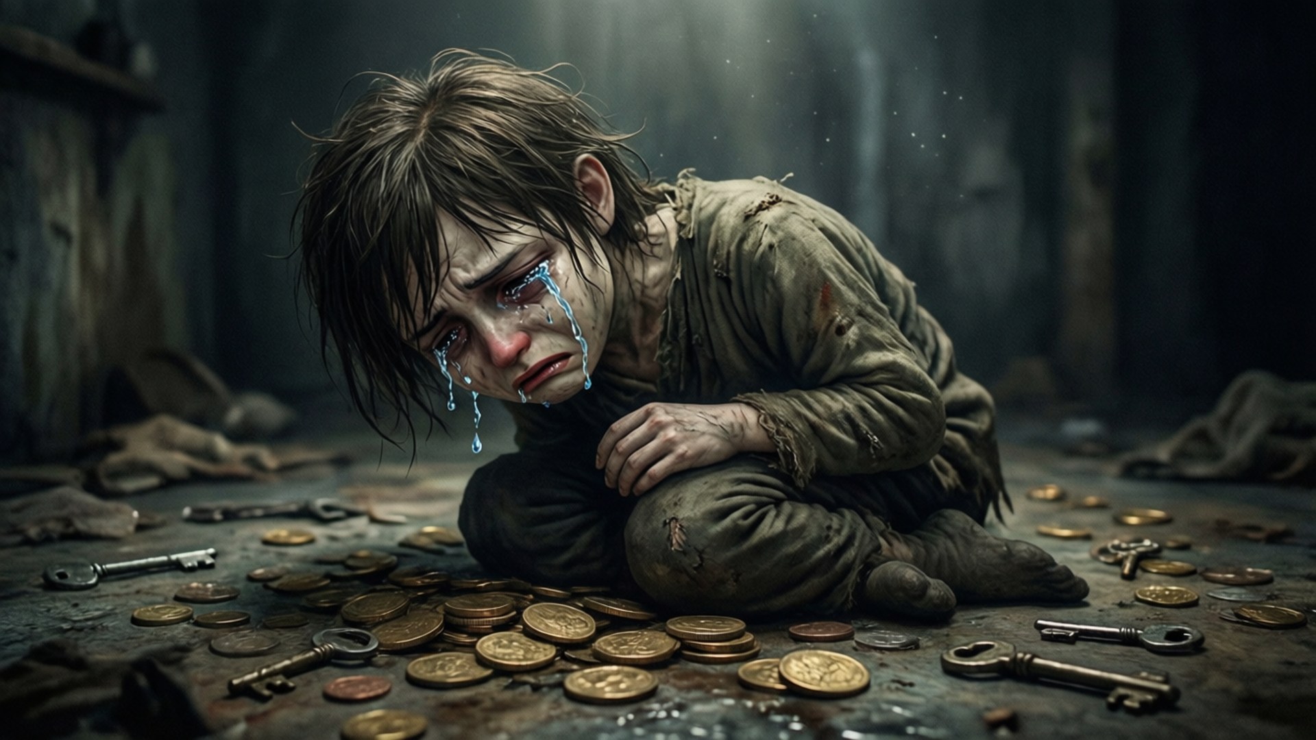 The Binding Of Isaac 桌布 壁紙 — 一個穿著破爛衣服的悲傷孩子跪在昏暗骯髒的房間裡，周圍散落著金幣和鑰匙。