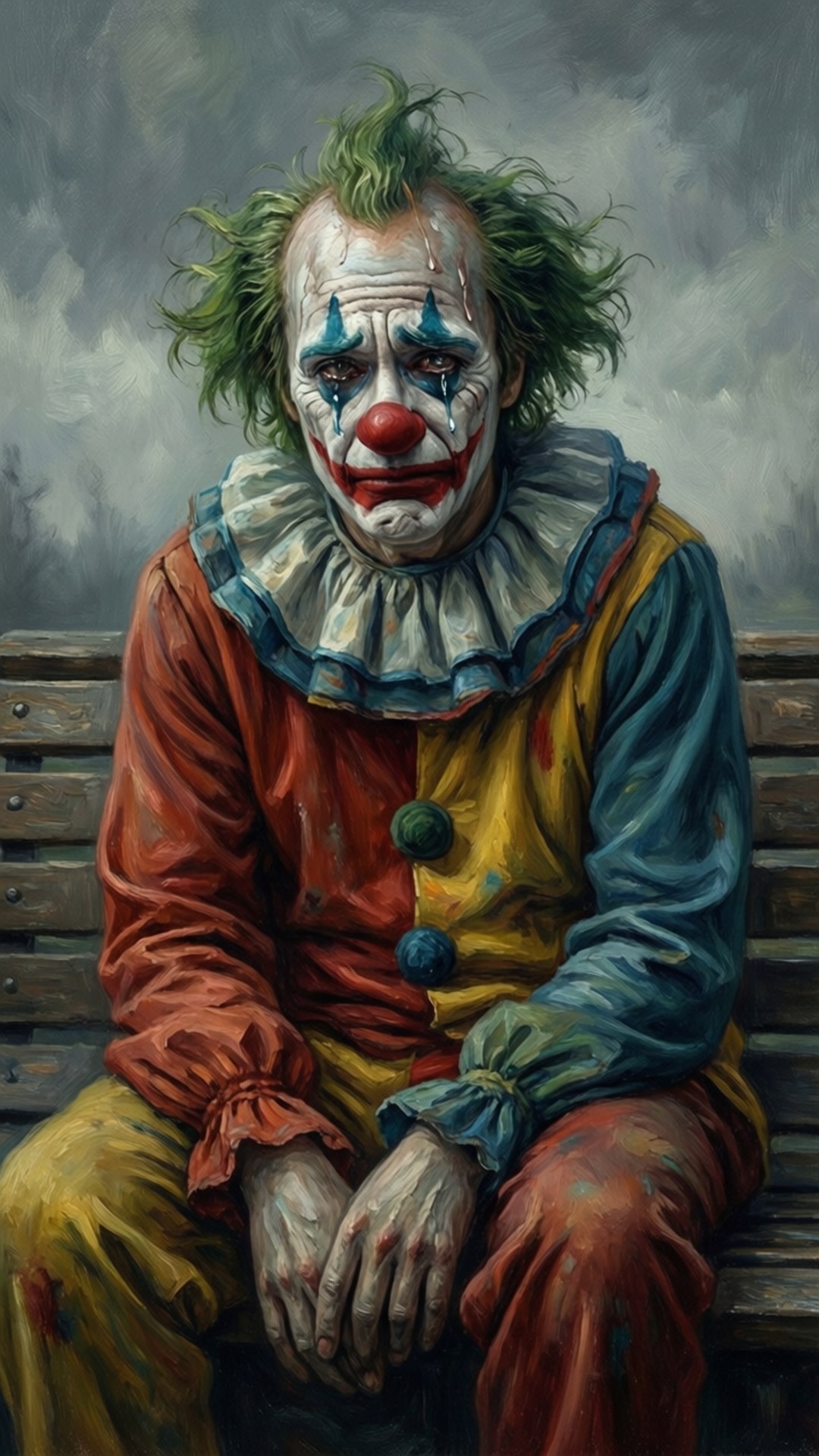 Sad Clown Melancholy 壁紙 — 一個綠髮、妝容被淚水弄花的悲傷小丑，癱坐在陰沉天空下的木長椅上。