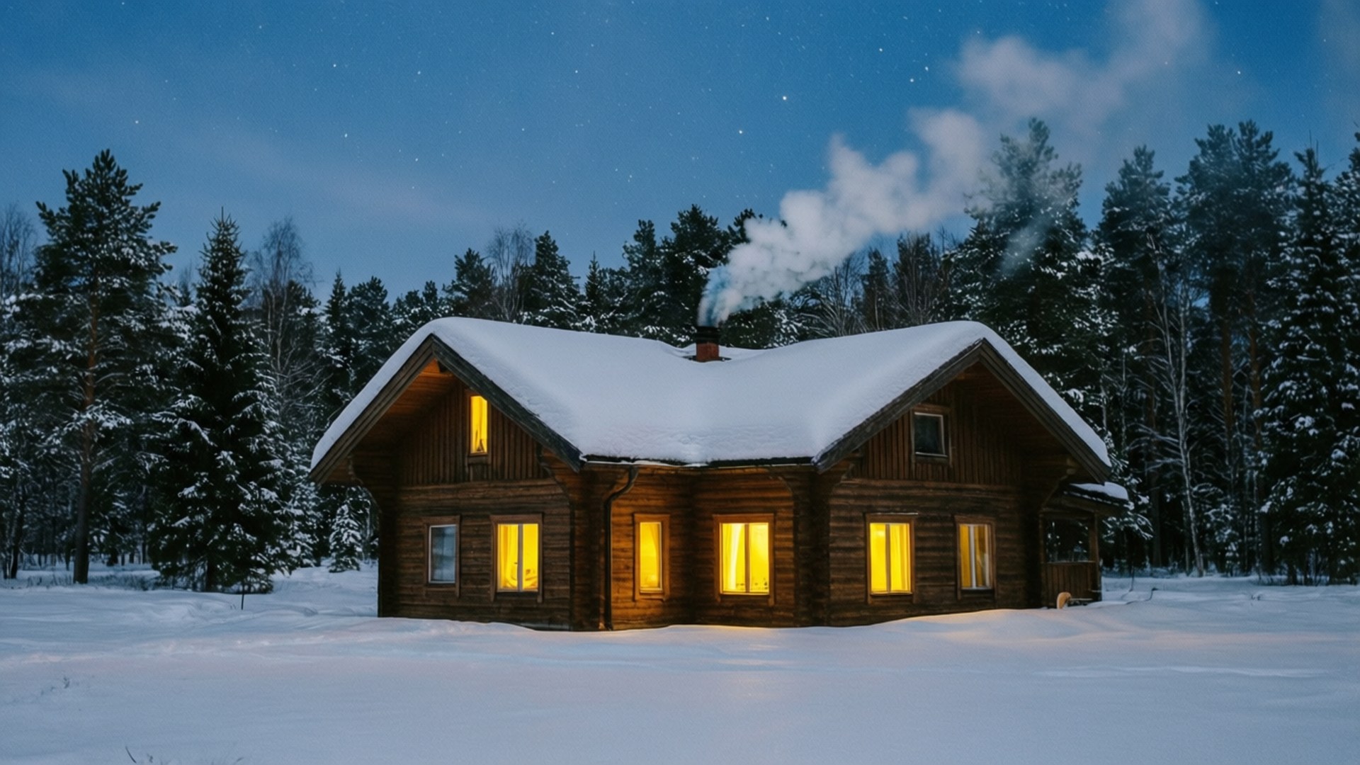 Winter Wonderland Cottage 壁紙 — 被雪覆蓋的木屋，窗戶發光，煙囪冒煙，在繁星點點的冬夜天空下。