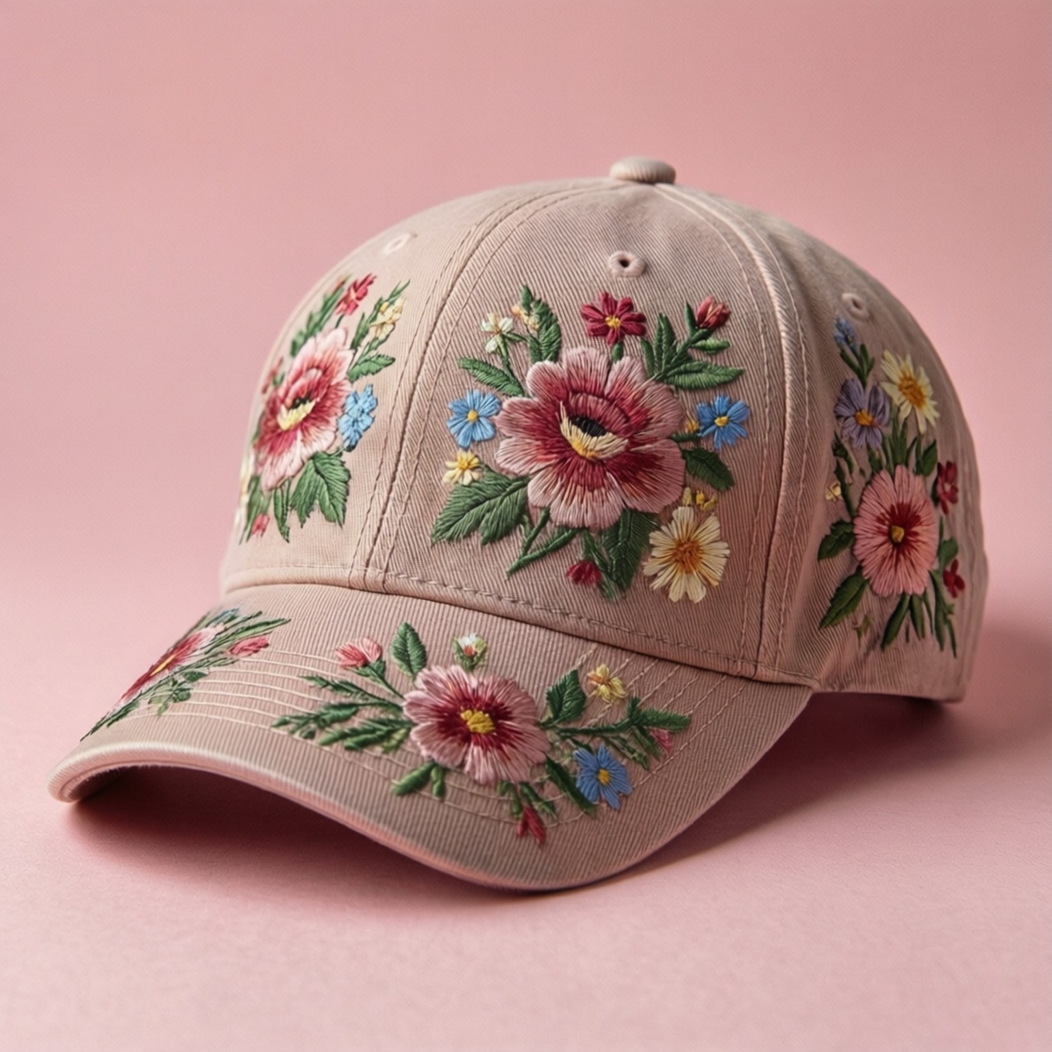 花卉圖案 snapback 帽 壁紙 — 米色棒球帽，飾有彩色刺繡花朵和綠色葉子，背景為柔和粉紅色。