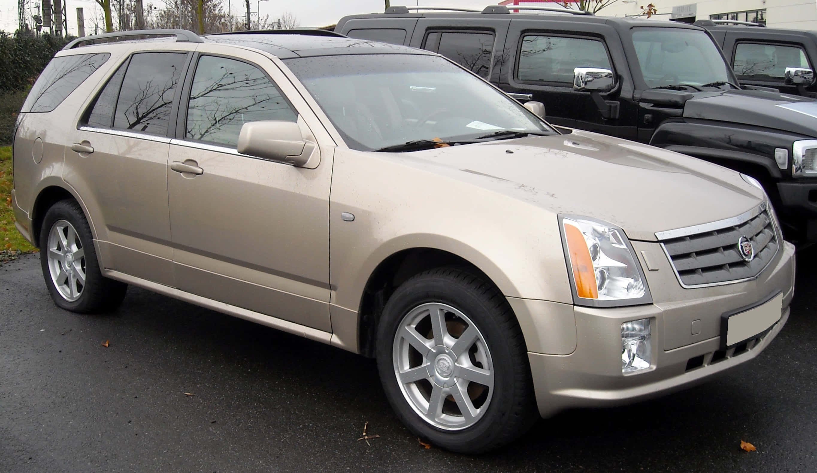 Cadillac Srx 桌布 壁紙 — 一輛米色Cadillac STS SUV停放在一個有禿樹和陰天背景的停車場。
