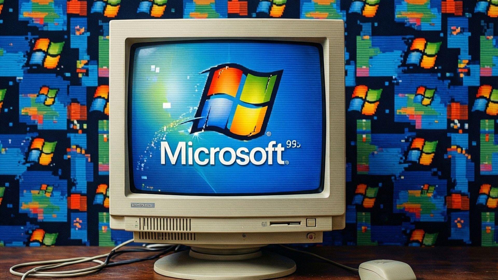 Retro Microsoft 95 壁紙 — 米色CRT顯示器在藍色背景上顯示Microsoft Windows 98標誌，背後暗牆上重複出現像素化Windows圖標。