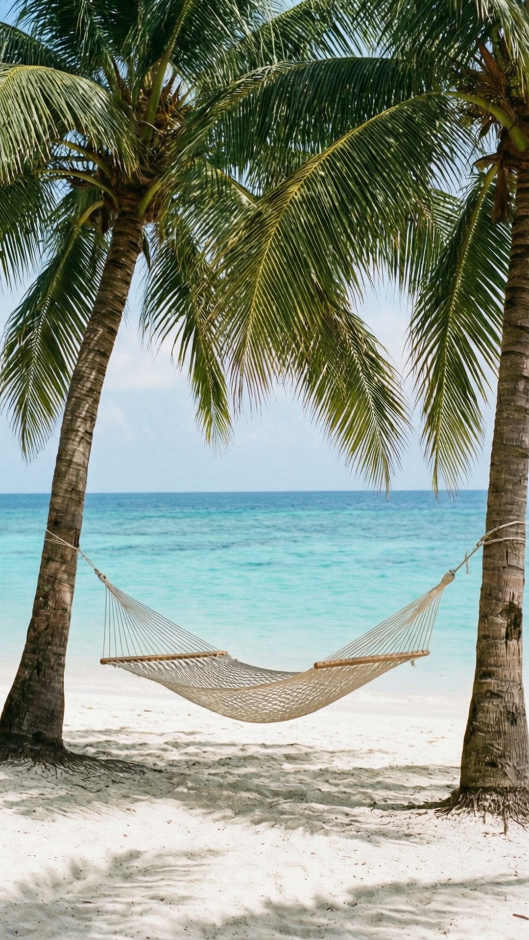 Hammock Paradise 壁紙 — 一個米色吊床掛在兩棵棕櫚樹之間，位於白色沙灘上，俯瞰著碧綠的海水，天空清澈湛藍。