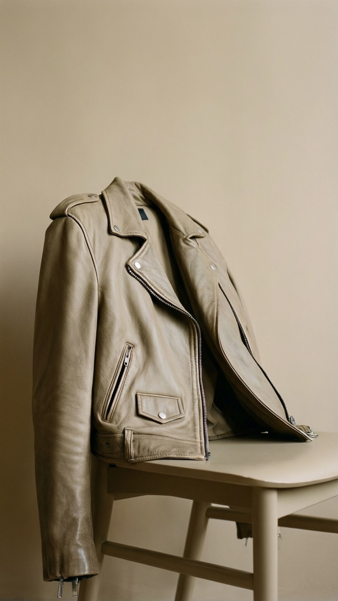 Beige Leather Jacket 壁紙 — 一件米色皮革機車外套隨意掛在相配的椅背上，背景是素牆。