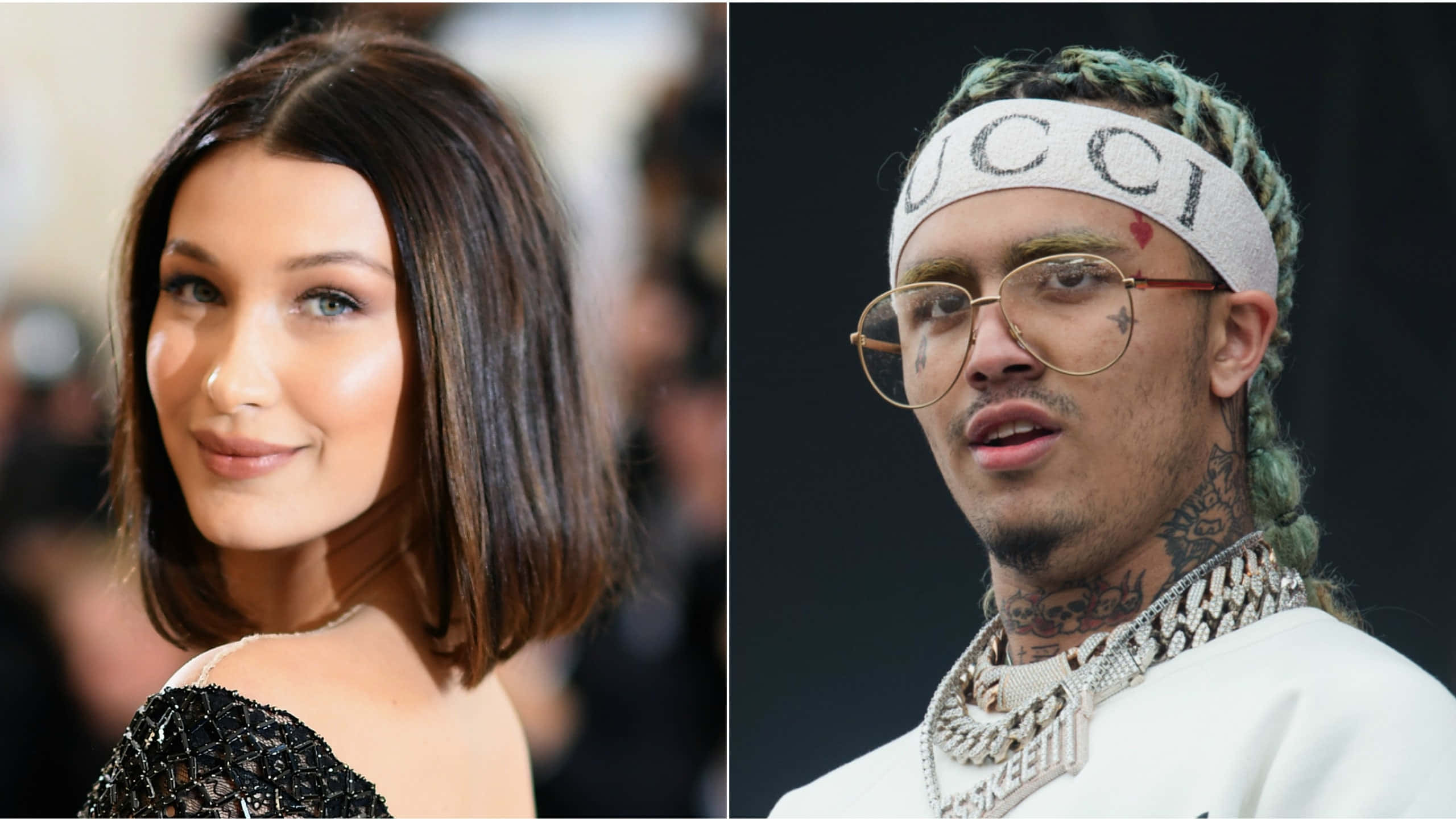 桌布 壁紙 — Bella Hadid 身穿優雅黑色連衣裙與饒舌歌手 Juice WRLD 身穿白色服裝、戴 Gucci 頭帶和金鏈的分割肖像。