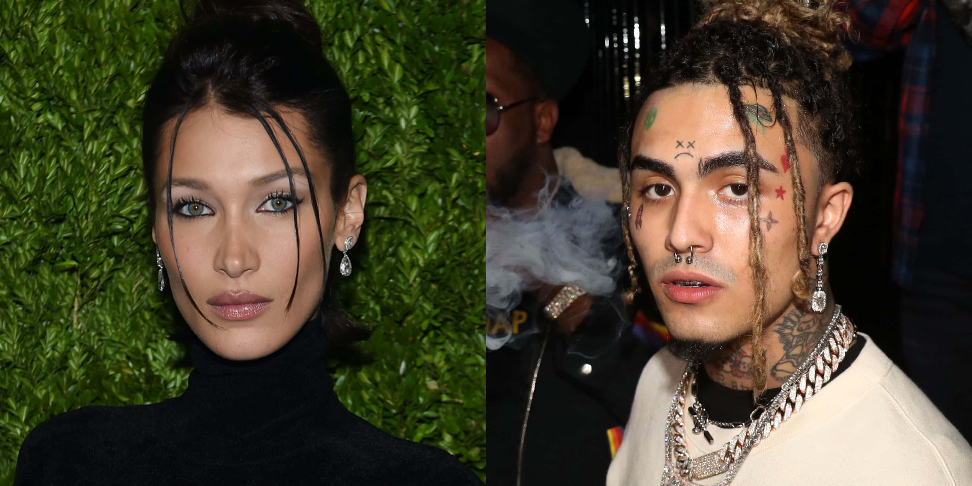 桌布 壁紙 — Bella Hadid 身穿黑色高領毛衣，以綠色樹籬為背景的分割肖像，以及饒舌歌手 Lil Uzi Vert 在派對上塗著臉部彩繪和戴著鏈條。