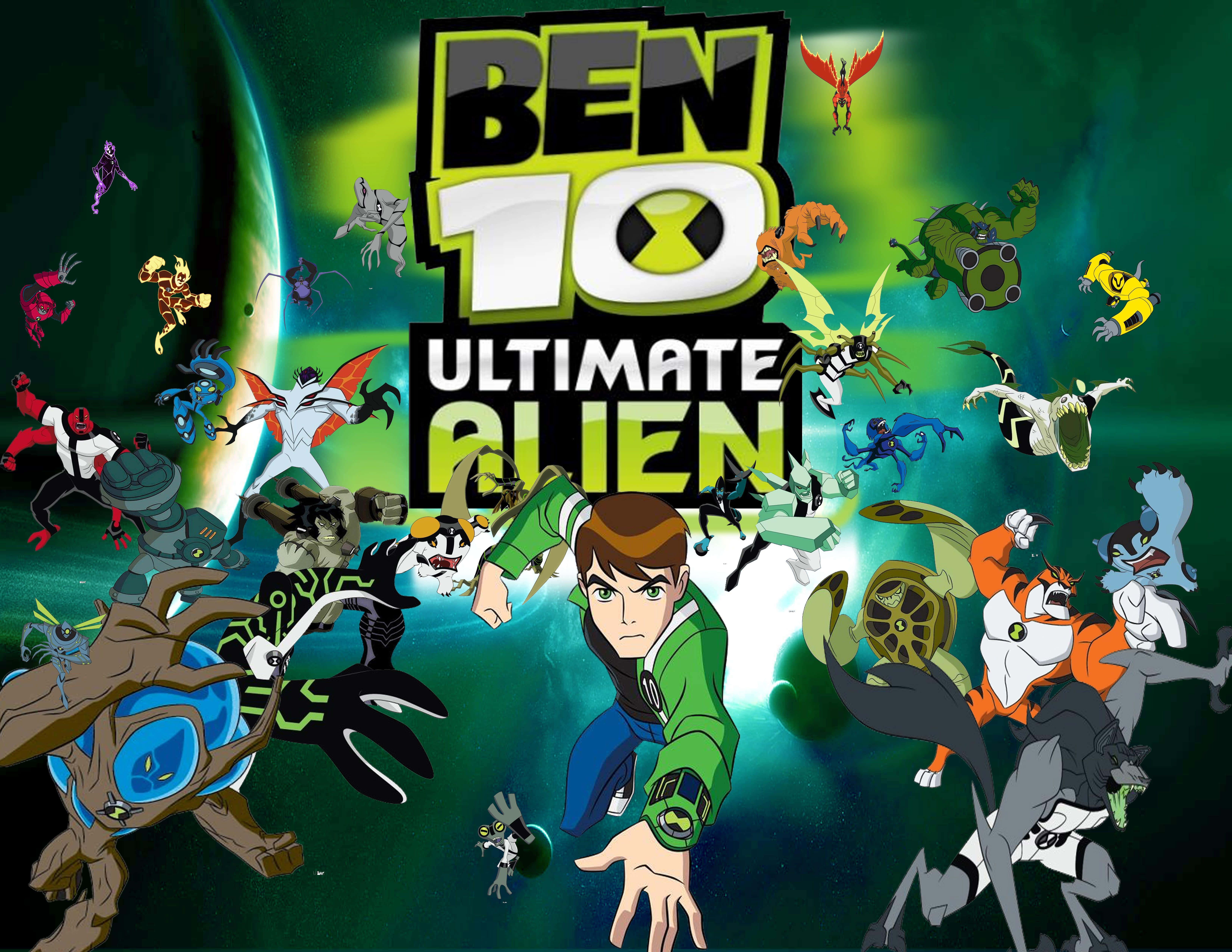 Ben 10 桌布 壁紙 — Ben 10 Ultimate Alien 海報，主角被數十種色彩繽紛的外星人形態包圍，背景是發光的綠色宇宙。
