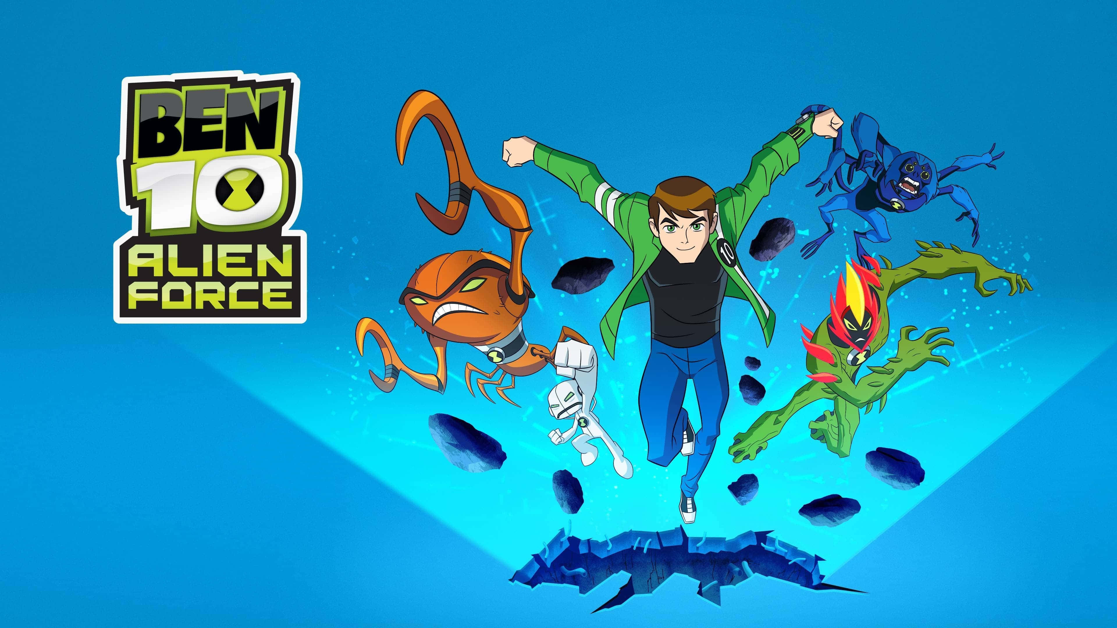 Ben 10 桌布 壁紙 — Ben 10 外星英雄 英雄以四種外星形態跳躍，背景是充滿活力的藍色能量爆發。