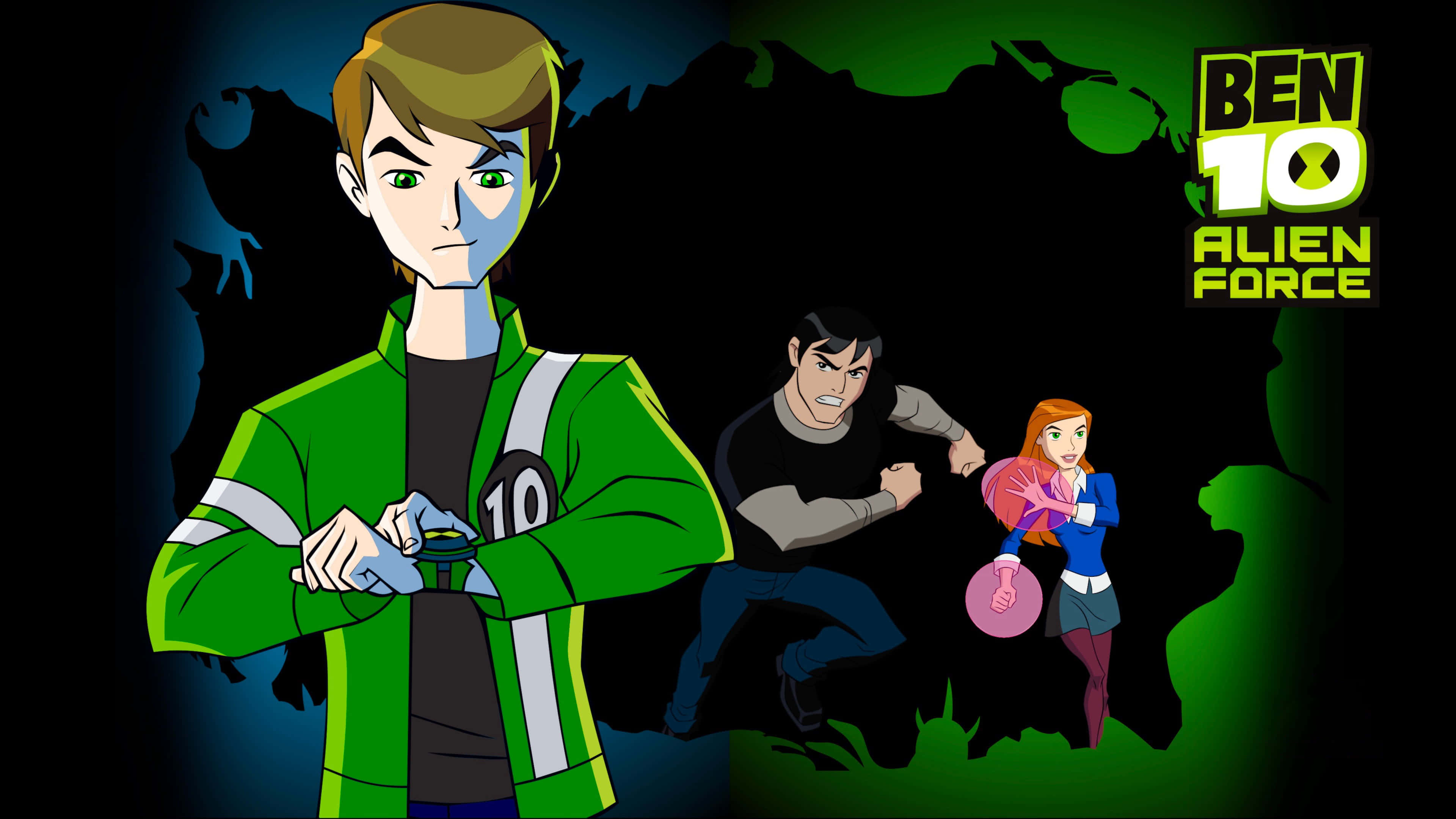 Ben 10 桌布 壁紙 — Ben 10 外星英雄角色在深綠色和藍色聚光燈場景中準備就緒。