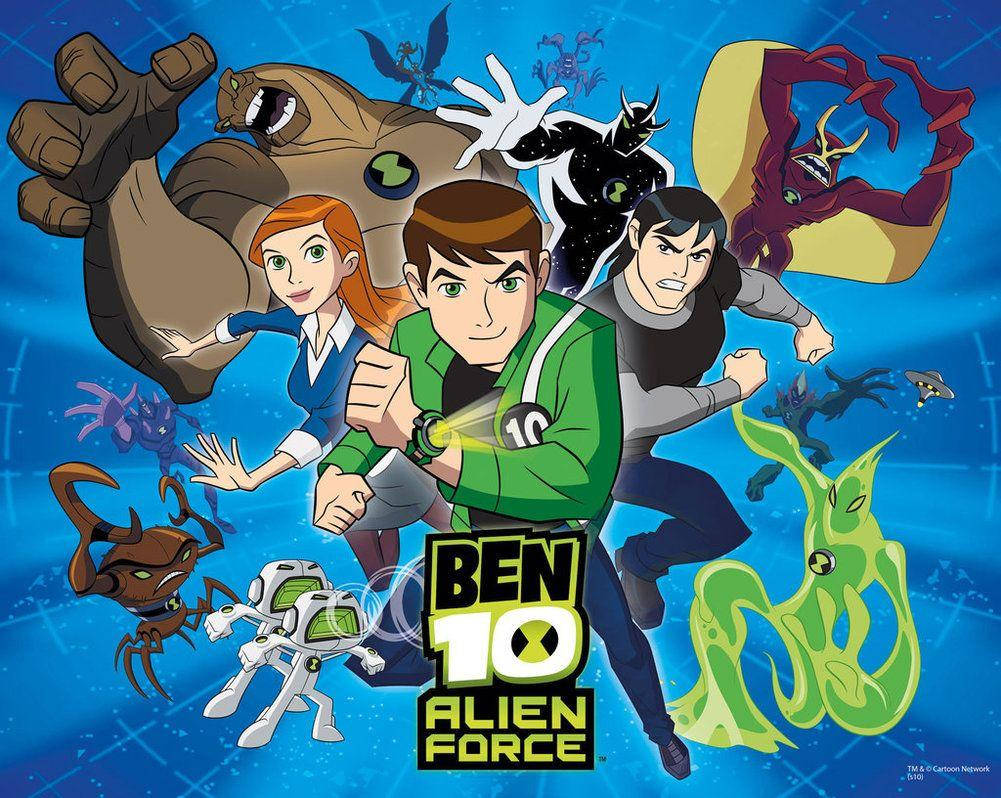 Ben 10 Omnitrix 桌布 壁紙 — Ben 10 外星英雄角色在發光的藍色網格背景前動態擺姿勢，周圍有外星生物。