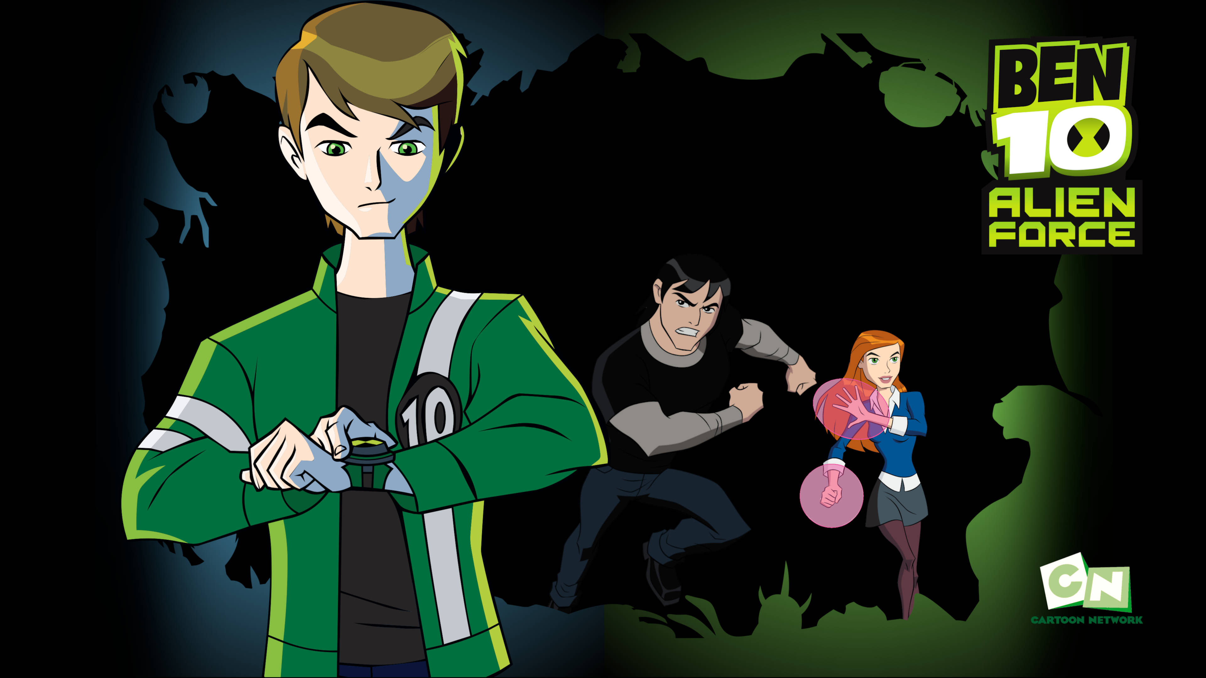 Ben 10 桌布 壁紙 — Ben 10 外星英雄角色準備好行動，背景為深色剪影，帶有發光綠色點綴。