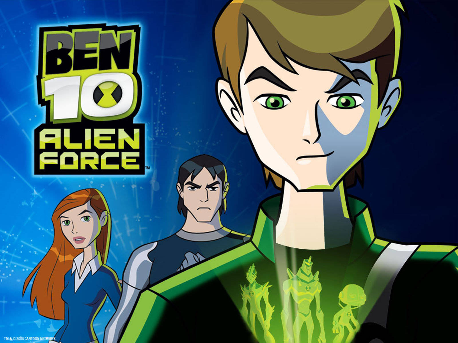 Ben 10 Omnitrix 桌布 壁紙 — Ben 10 外星英雄角色站在星空藍色背景前，Ben 的胸口有發光的外星人剪影。