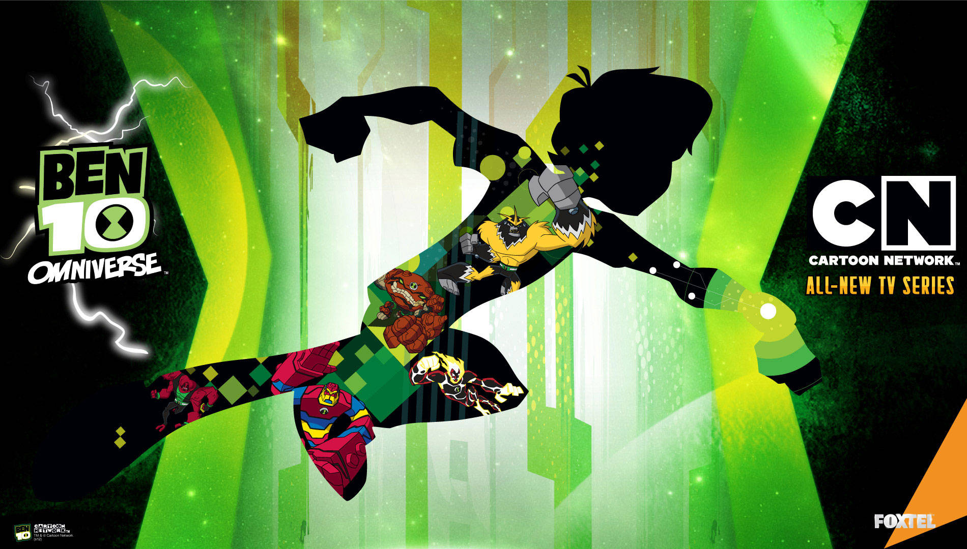 Ben 10 桌布 壁紙 — Ben 10 宇宙英雄的動態剪影穿過充滿閃電和外星形態的鮮綠色能量場。