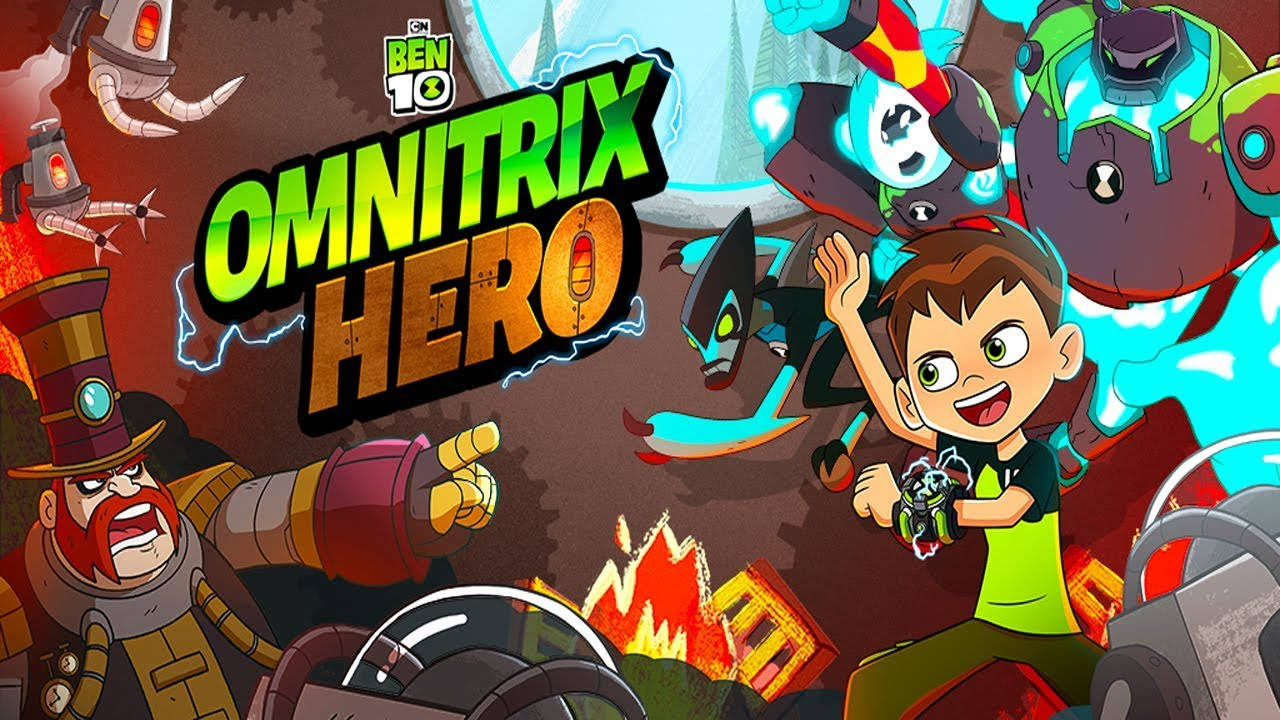 Ben 10 Omnitrix 桌布 壁紙 — Ben 10英雄在混亂的動畫戰鬥場景中，以發光的外星形態和熾熱的爆炸勝利站立。
