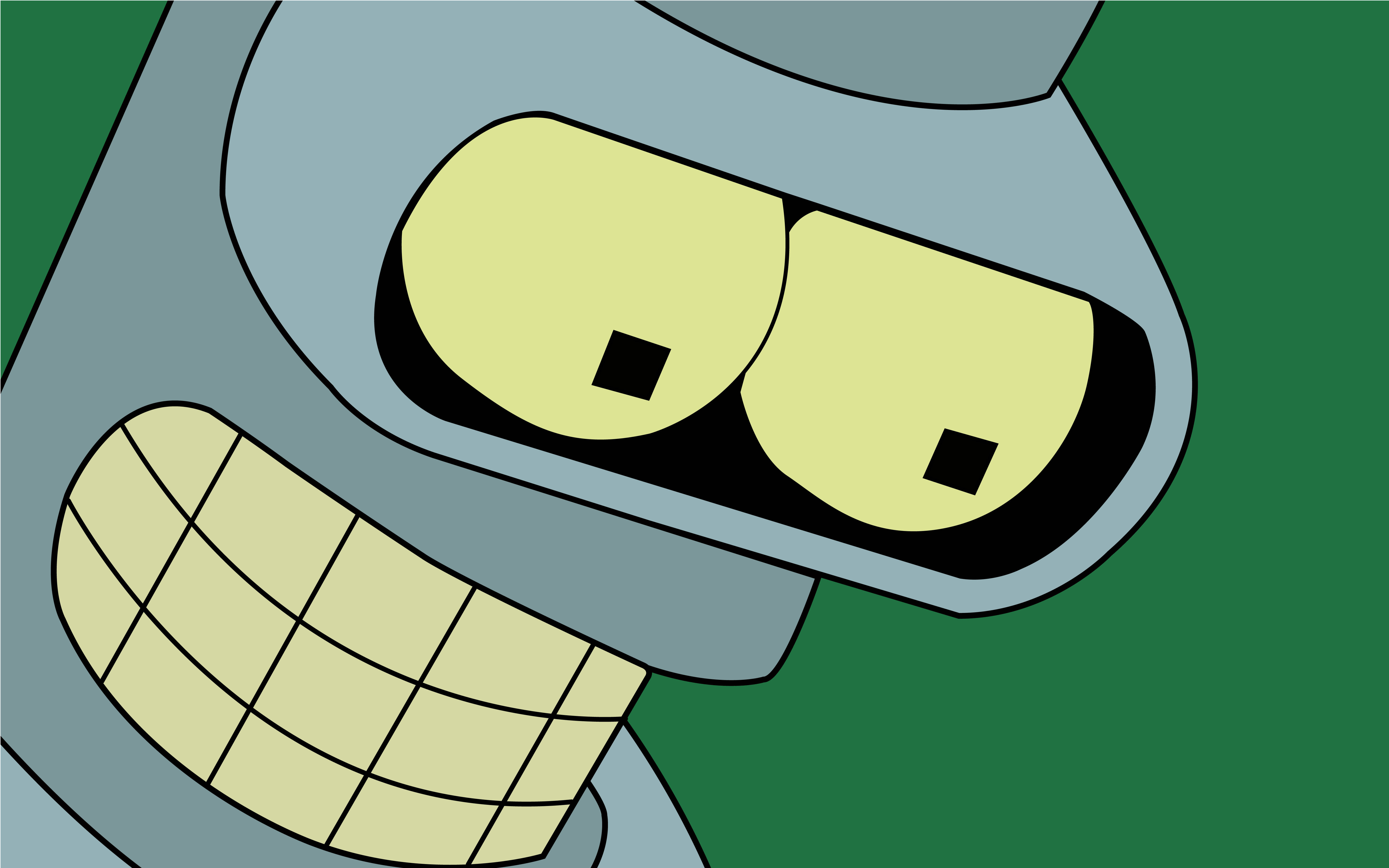 Bender 桌布 壁紙 — Bender 咧嘴笑的面部特寫，黃色眼睛和網格圖案嘴巴，背景為純綠色。
