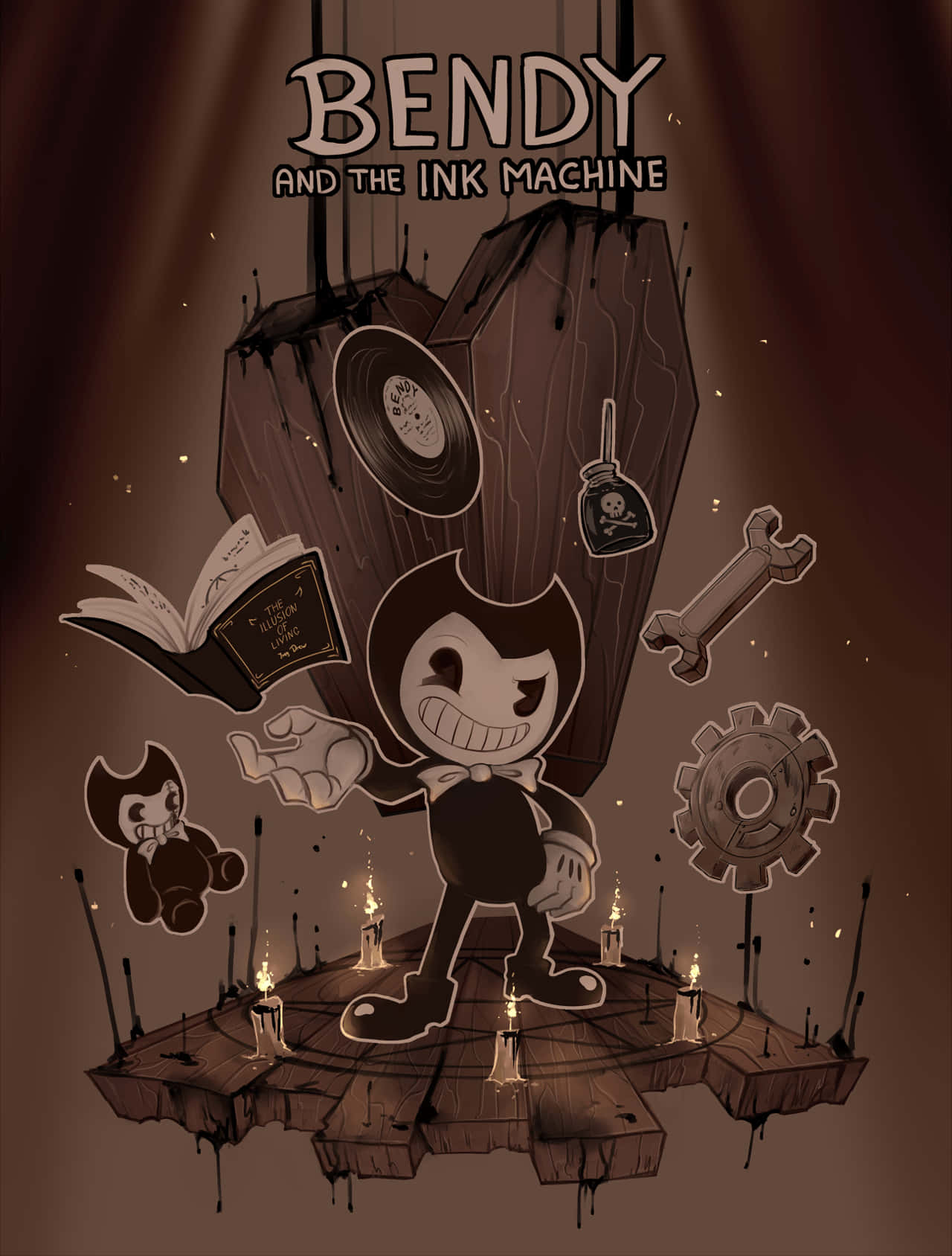 Bendy 桌布 壁紙 — Bendy 站在木製平台上，周圍環繞著蠟燭、齒輪和墨水工藝品，呈現深色懷舊色調的插圖。