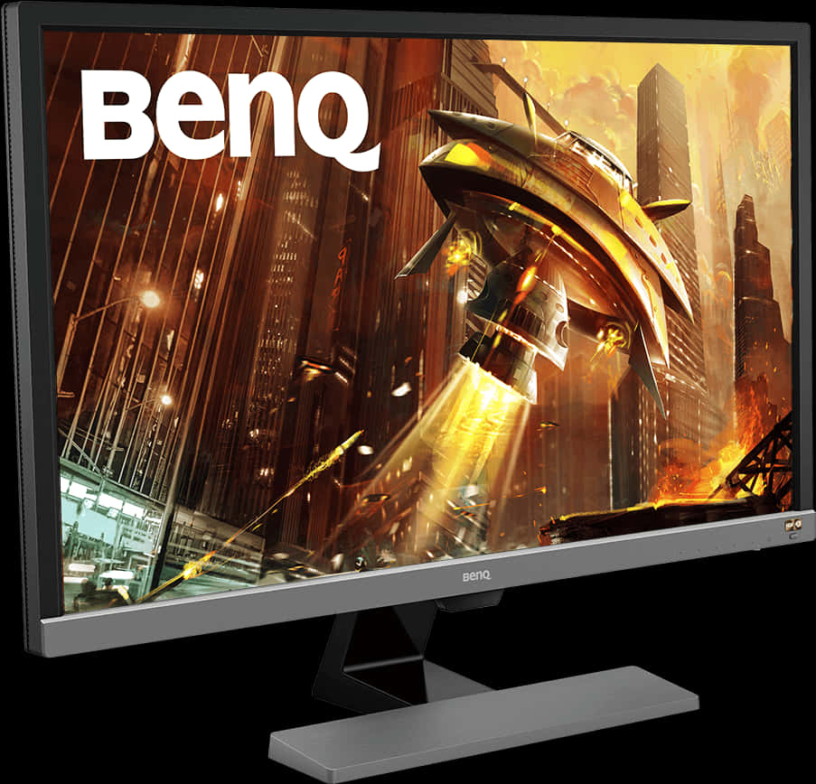 BenQ 顯示器顯示一艘太空船在夜間飛過燃燒的未來城市。 — 4K 壁紙
