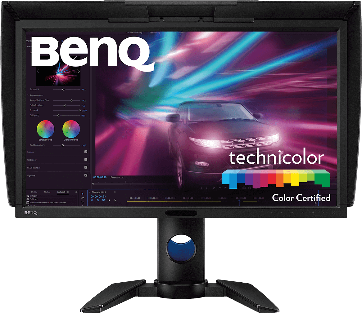 彩色動圖 桌布 壁紙 — BenQ 顯示器展示了一張充滿活力的 Technicolor 認證汽車桌布，在深色背景上有動態的紫色、藍色和粉紅色光條。