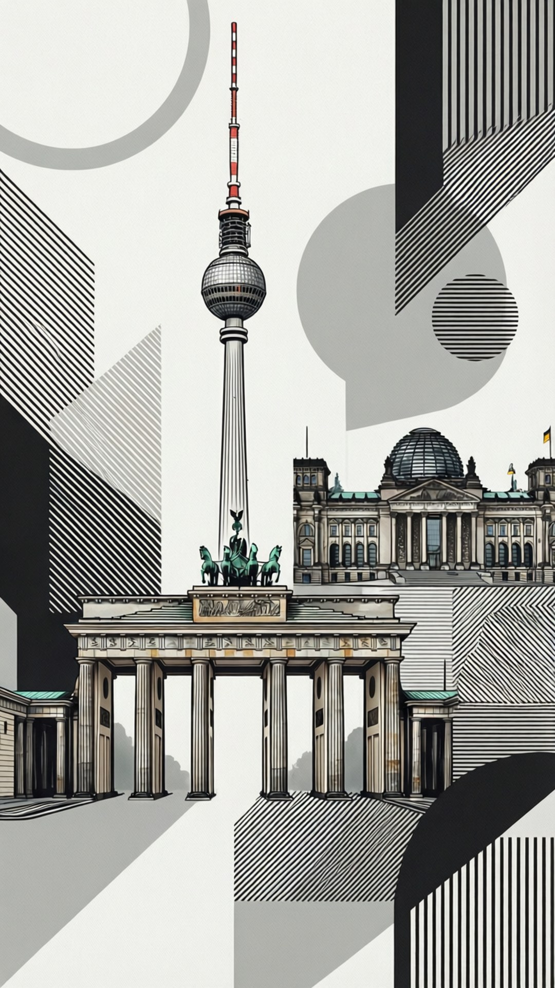 Berlin Abstract Lines 壁紙 — 柏林地標，包括電視塔、布蘭登堡門和國會大廈，以大膽的幾何圖案和單色調呈現。