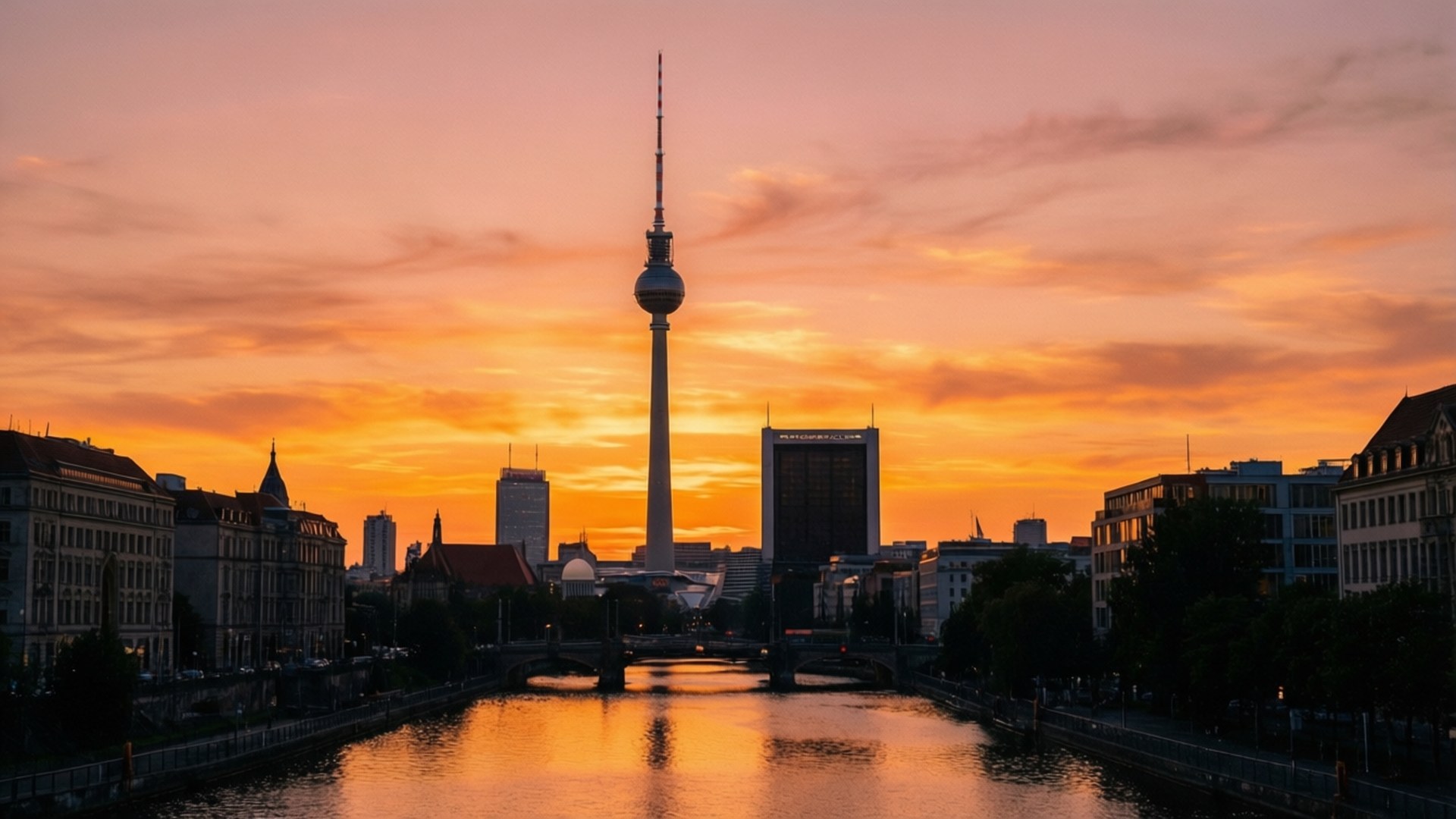 Berlin Tower Sunset 壁紙 — 柏林電視塔在施普雷河上反射的熾熱橙色日落中呈現剪影。
