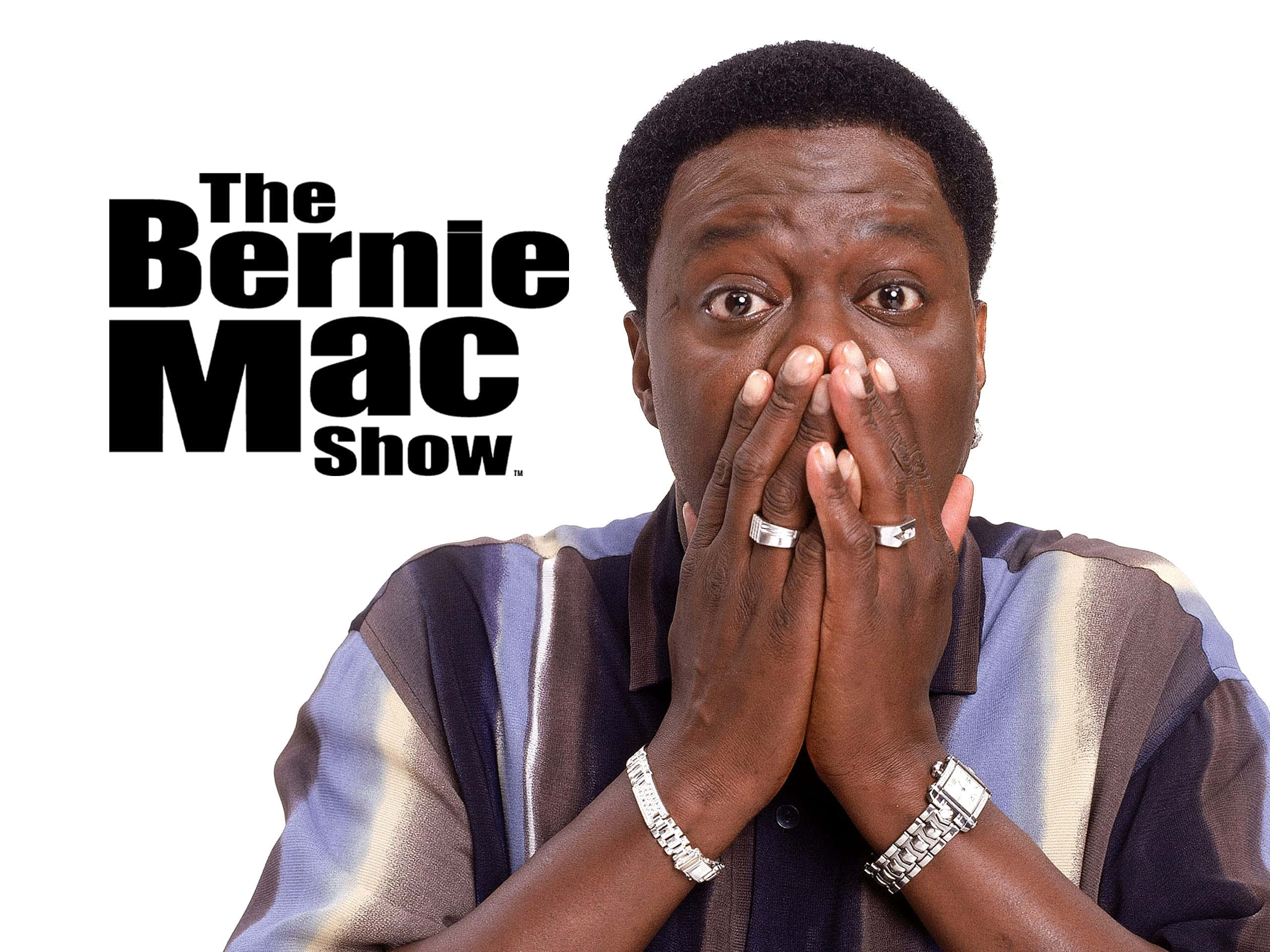 Celebrity 桌布 壁紙 — Bernie Mac 在白色背景上用雙手捂住嘴巴，露出驚訝表情，並有節目標題文字。