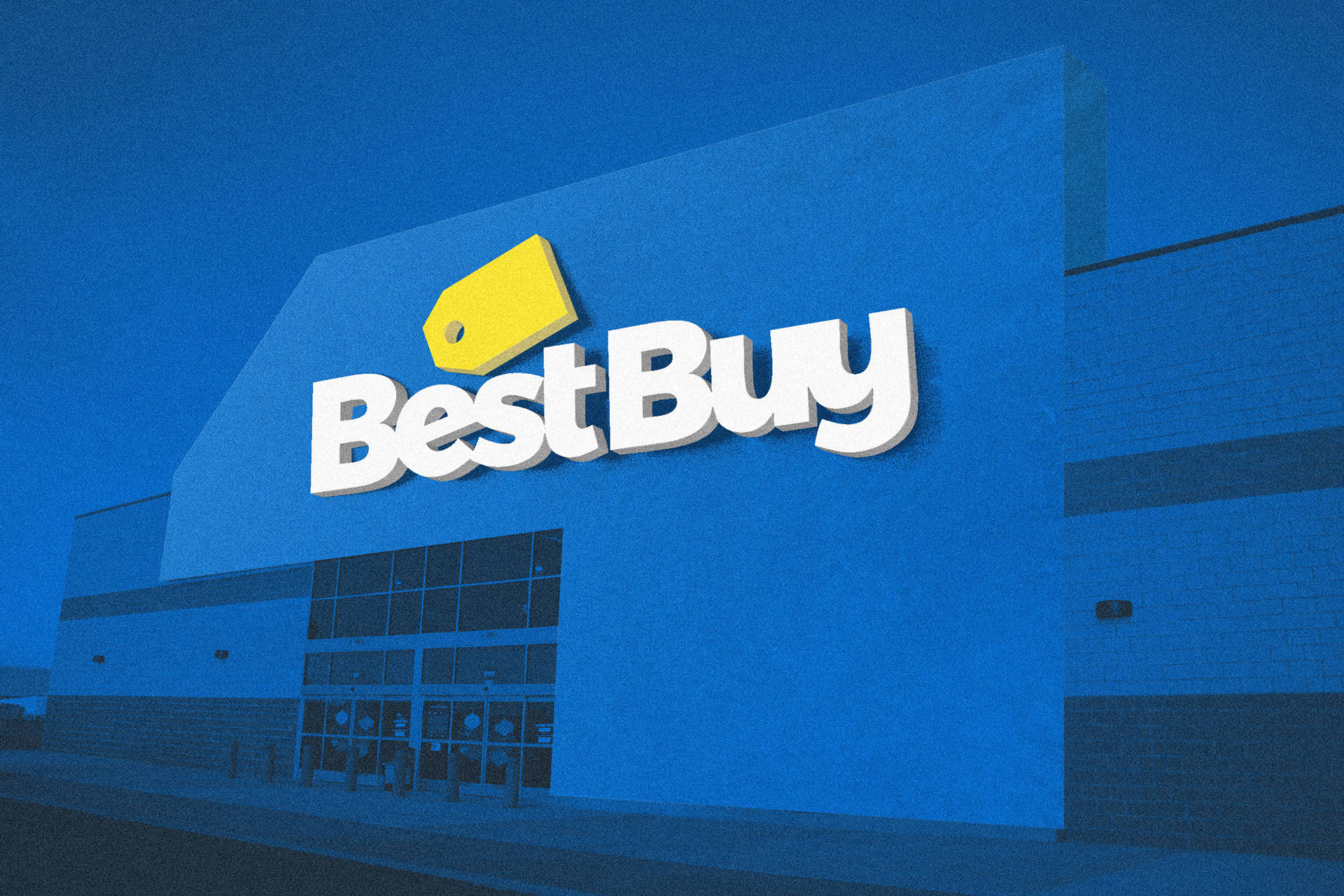 buy 桌布 壁紙 — Best Buy 商店外牆，深藍色天空下，配以醒目的白色和黃色標誌。