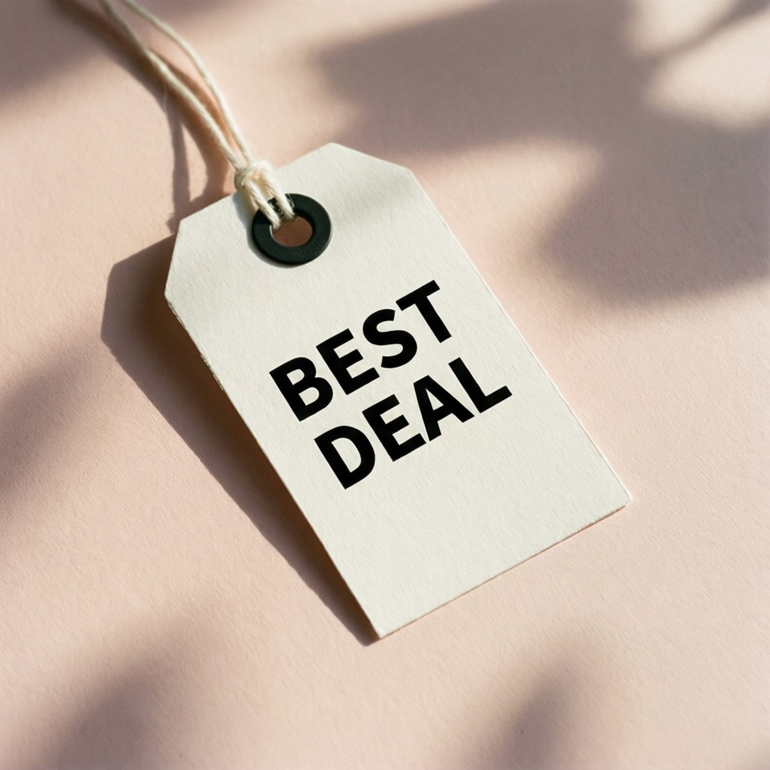 Best Deal Price Tag 壁紙 — 一個白色紙質價格標籤，上面有粗體黑色文字寫著「BEST DEAL」，放在柔軟的粉紅色表面上，溫暖的陽光投射出樹葉的影子。