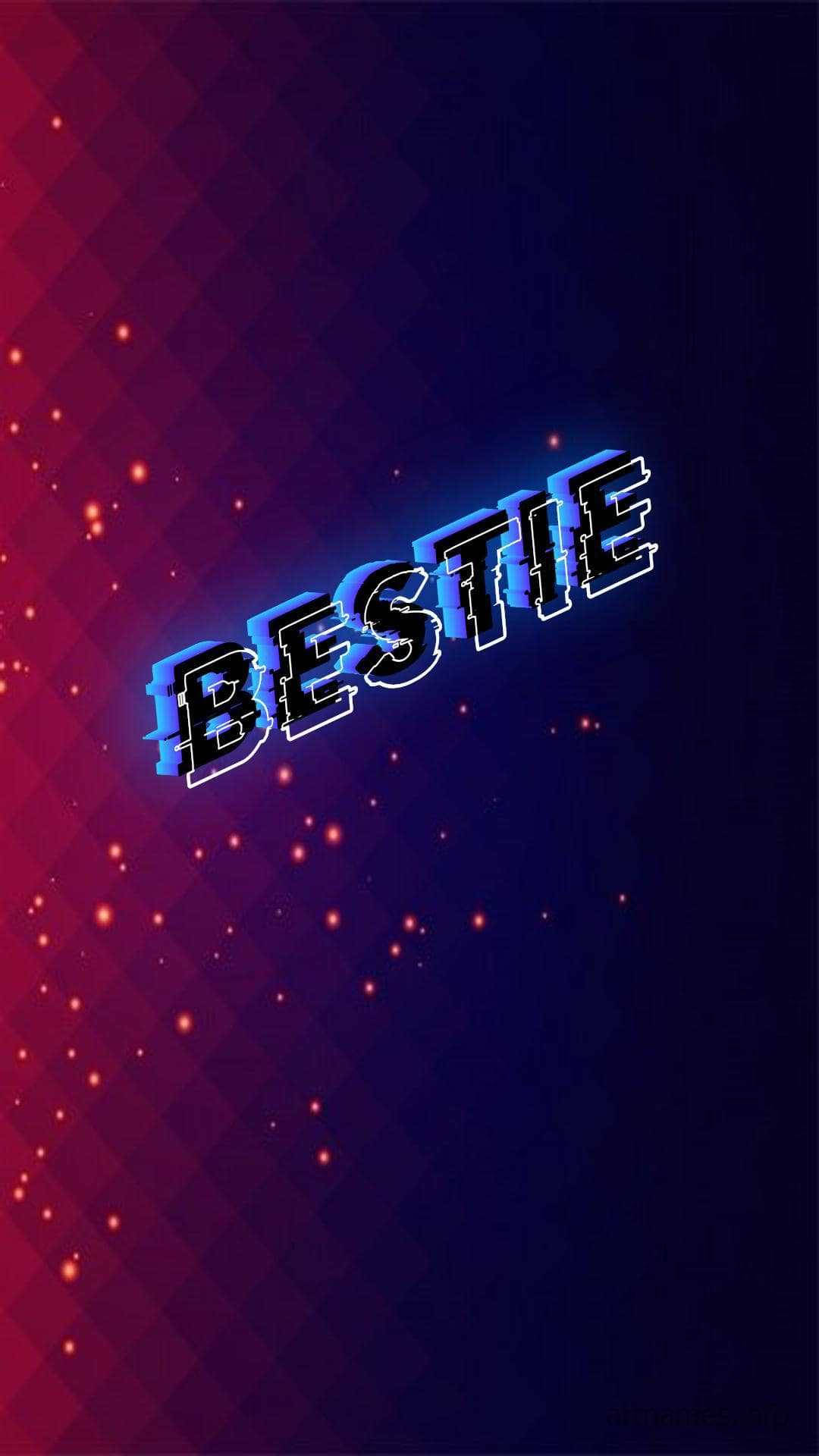 Bestie 桌布 壁紙 — 「bestie」這個詞在深紅和藍色的漸變背景上，以粗體3D字母發光，周圍散落著發光的點。